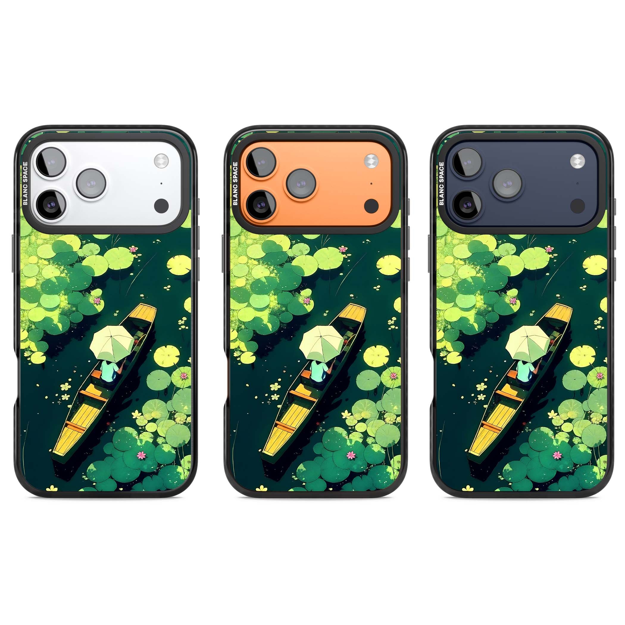 Jade Waters cottagecore iPhone case featuring a painted lily pond, wooden boat with parasol and floating water lilies | Black Impact Magsafe case for iPhone 17 Pro, iPhone 17 Pro Max