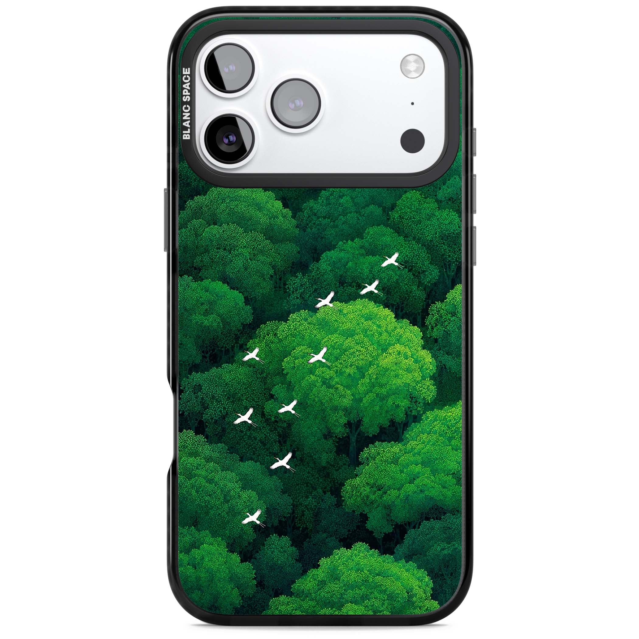 Grove Migration forest iPhone case featuring white cranes flying over lush green treetop canopy | Black Impact Magsafe case for iPhone 17 Pro, iPhone 17 Pro Max