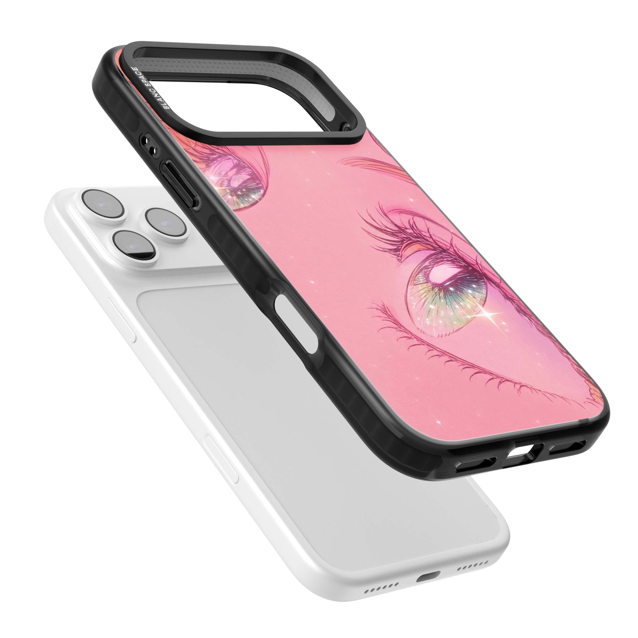 Pink Ethereal Gaze anime iPhone case featuring sparkling manga eyes, coral lashes and dreamy peach sky | Black Impact Magsafe case for iPhone 17 Pro, iPhone 17 Pro Max