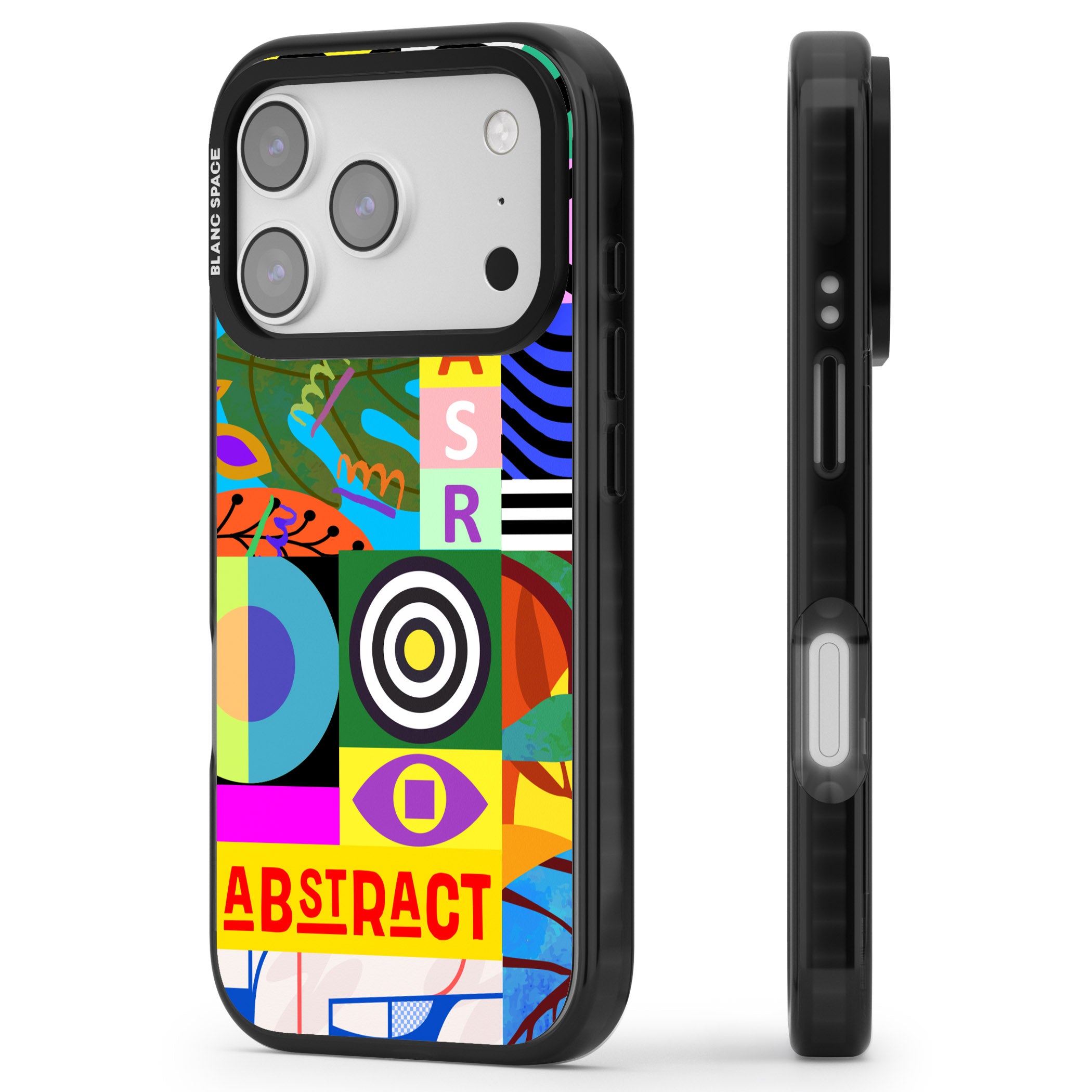 Abstract Pattern Patchwork iPhone 17 Pro Impact Pro Black Phone Case Side Profile