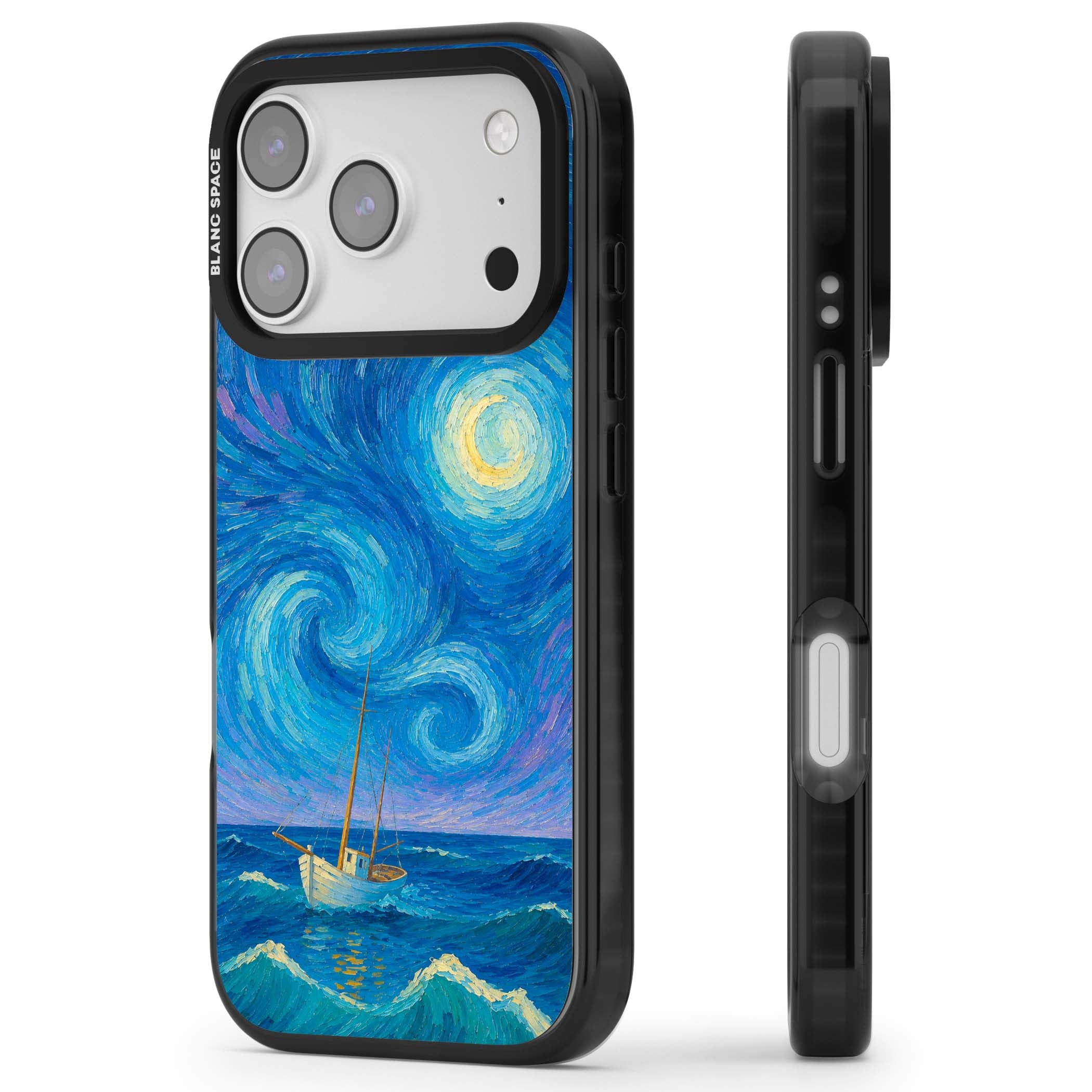 Moonlit Tide Van Gogh art iPhone case featuring swirling starry night sky, glowing moon and lone sailing boat at sea | Black Impact Magsafe case for iPhone 17 Pro, iPhone 17 Pro Max