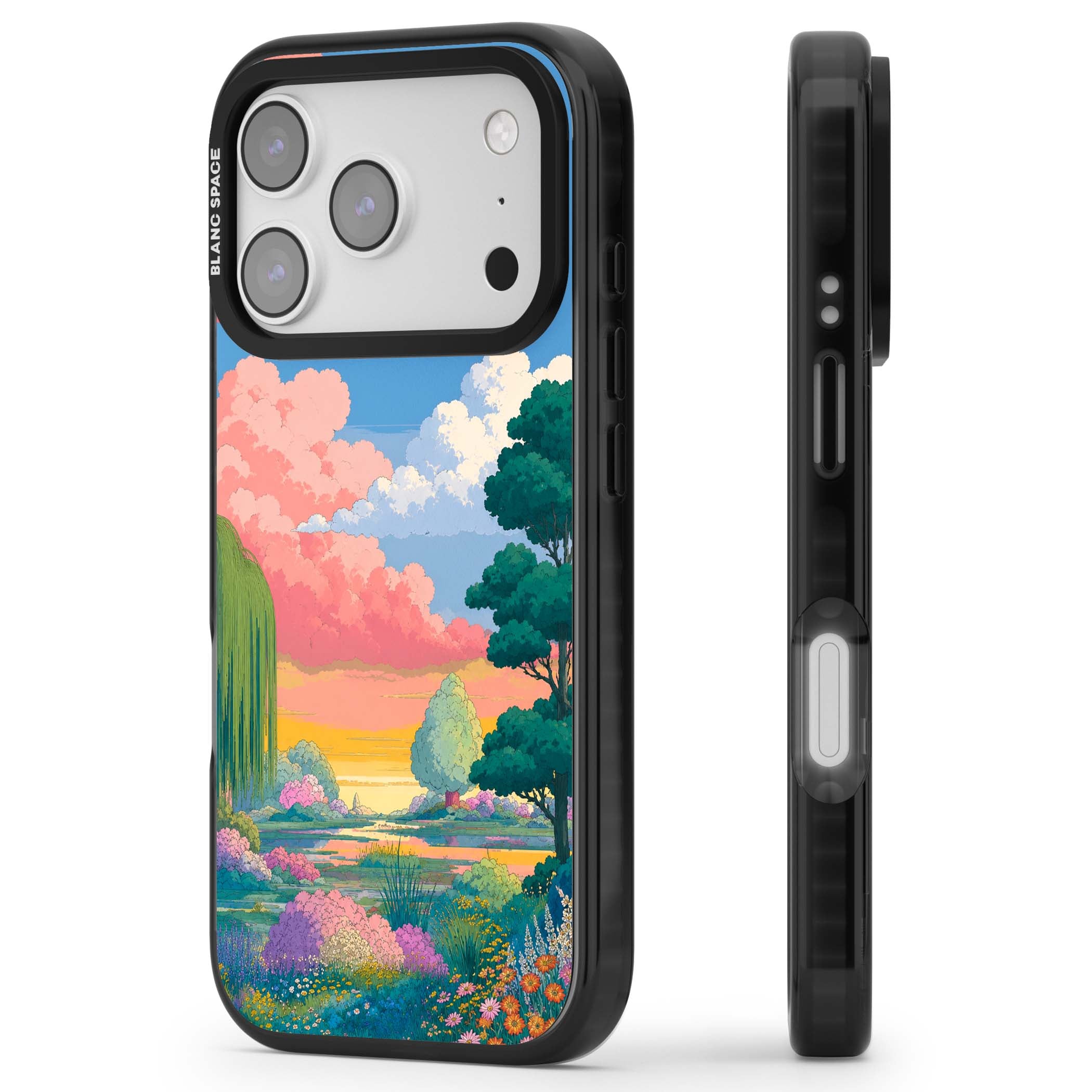 Dream Valley anime landscape iPhone case featuring pink sunset clouds, willow trees and wildflowers | Black Impact Magsafe case for iPhone 17 Pro, iPhone 17 Pro Max