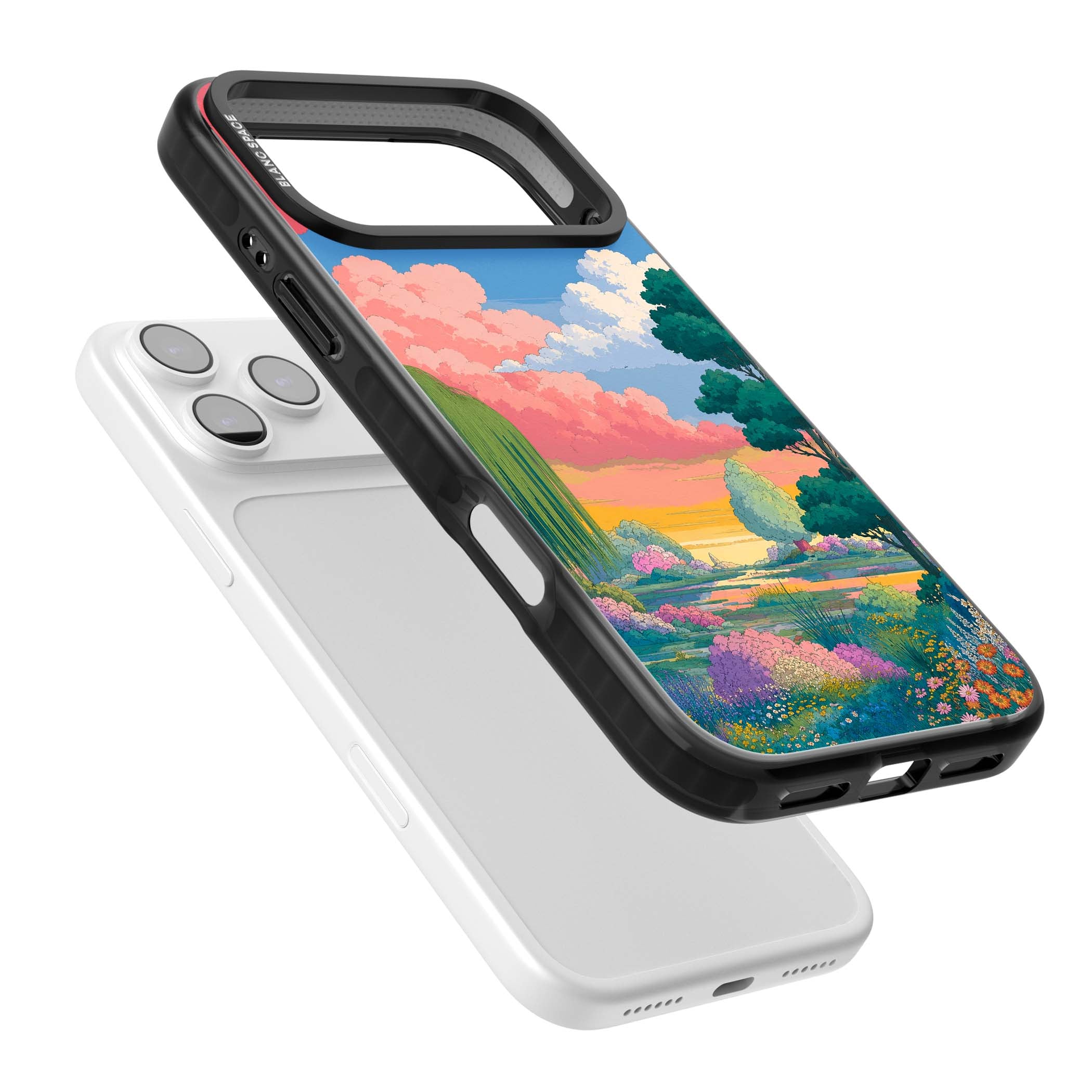 Dream Valley anime landscape iPhone case featuring pink sunset clouds, willow trees and wildflowers | Black Impact Magsafe case for iPhone 17 Pro, iPhone 17 Pro Max