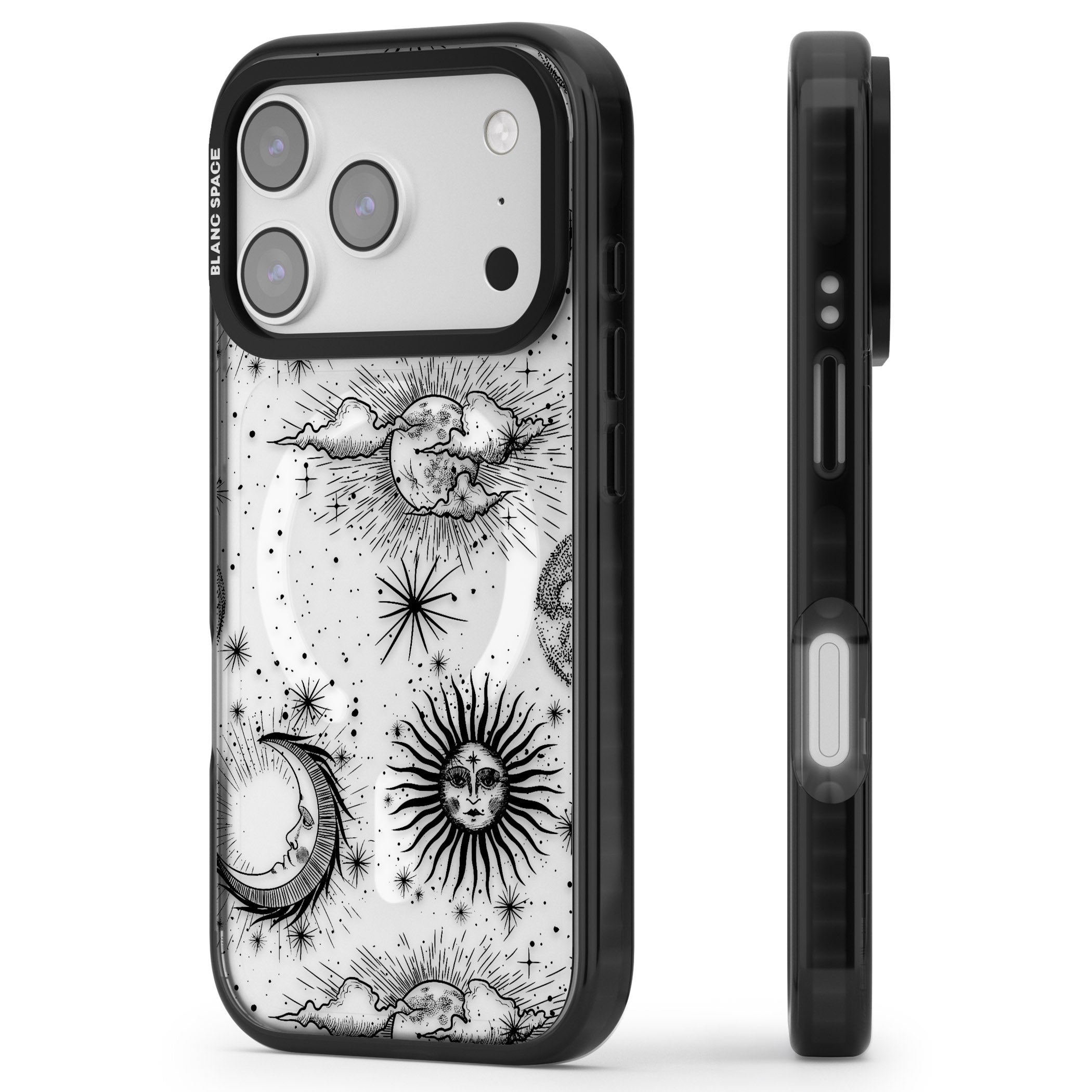 Suns, Moons & Clouds iPhone 17 Pro Max Impact Pro Black Phone Case Side Profile