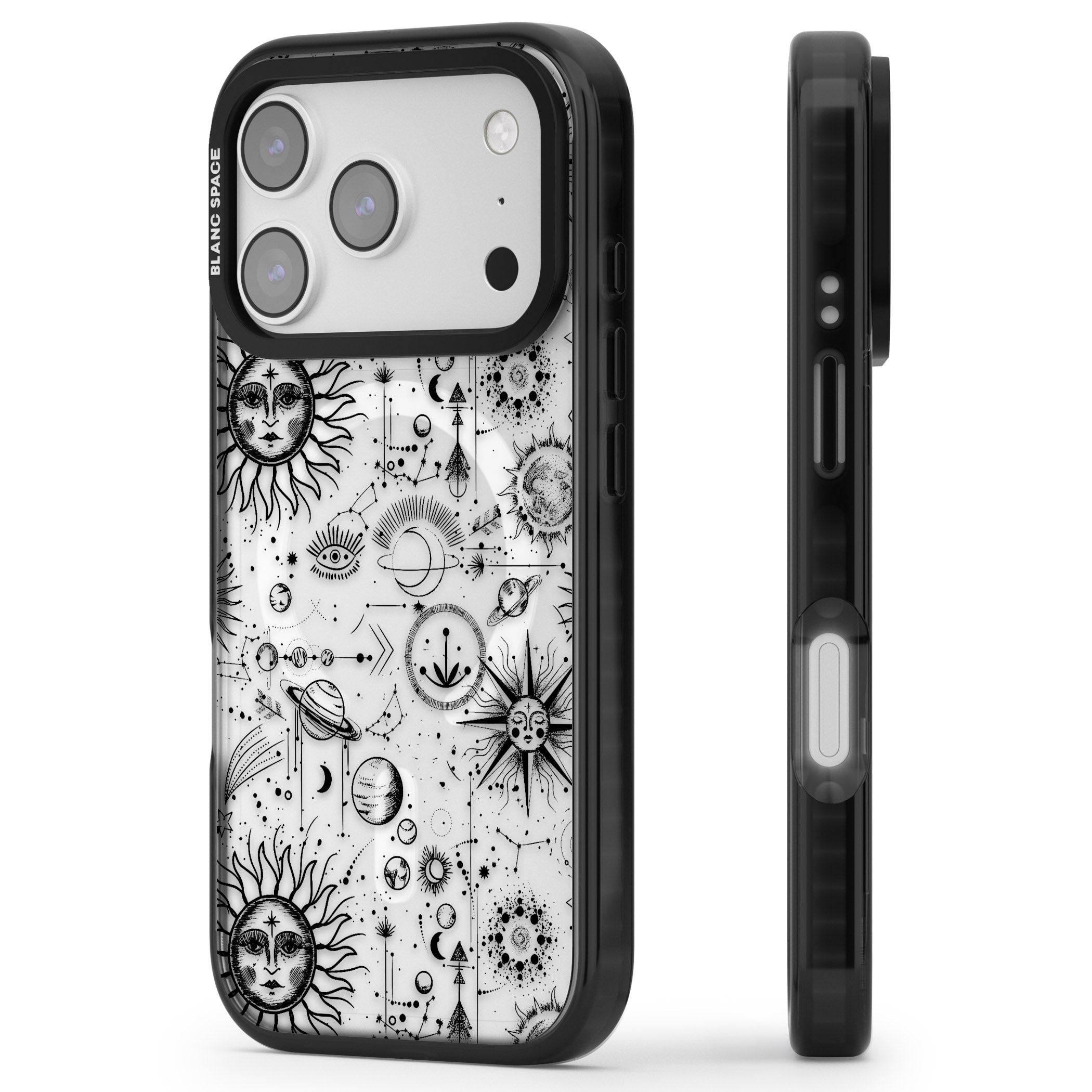 Cosmic Sun & Planets Zodiac iPhone 17 Pro Max Impact Pro Black Phone Case Side Profile
