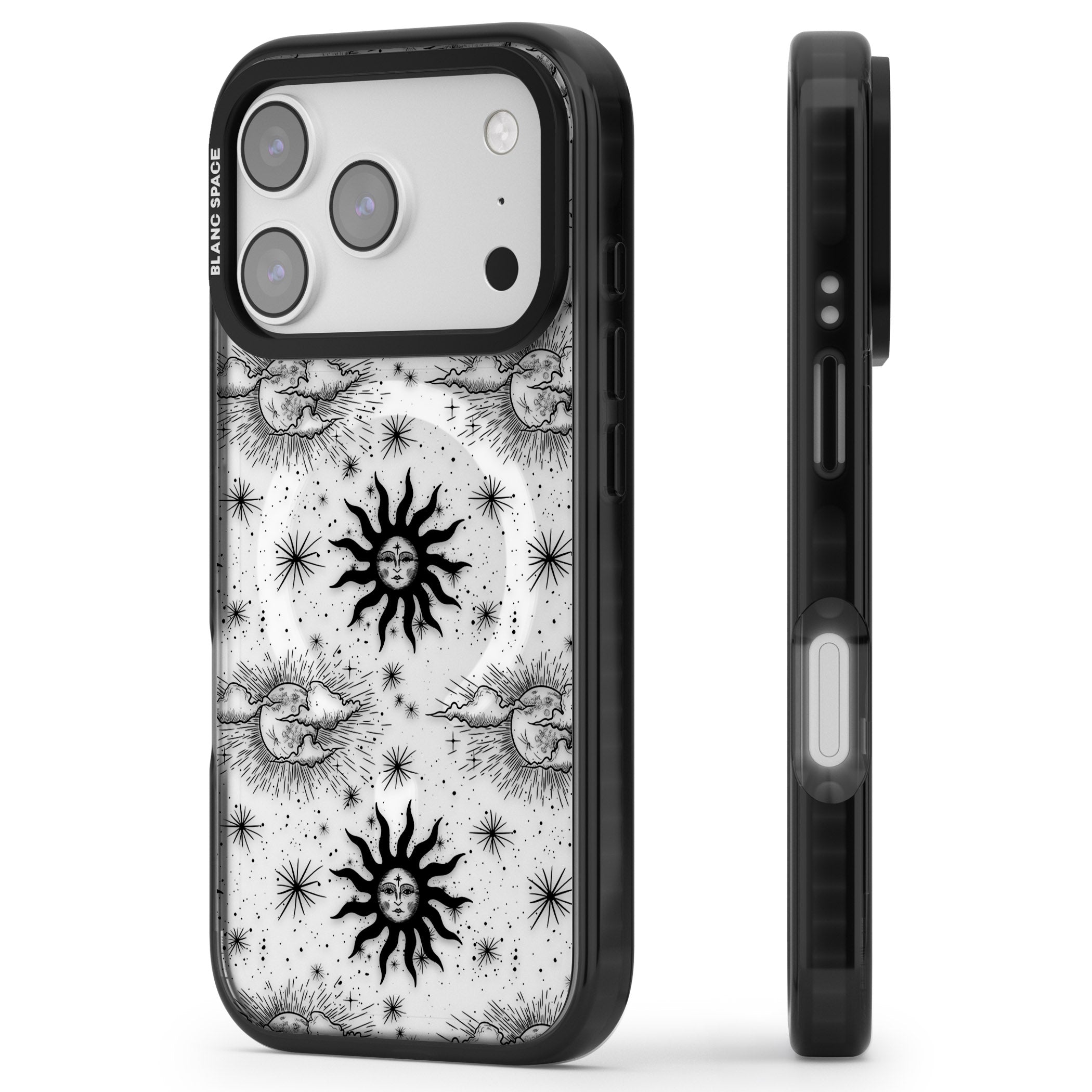 Vintage Sun & Moon iPhone 17 Pro Impact Pro Black Phone Case Side Profile