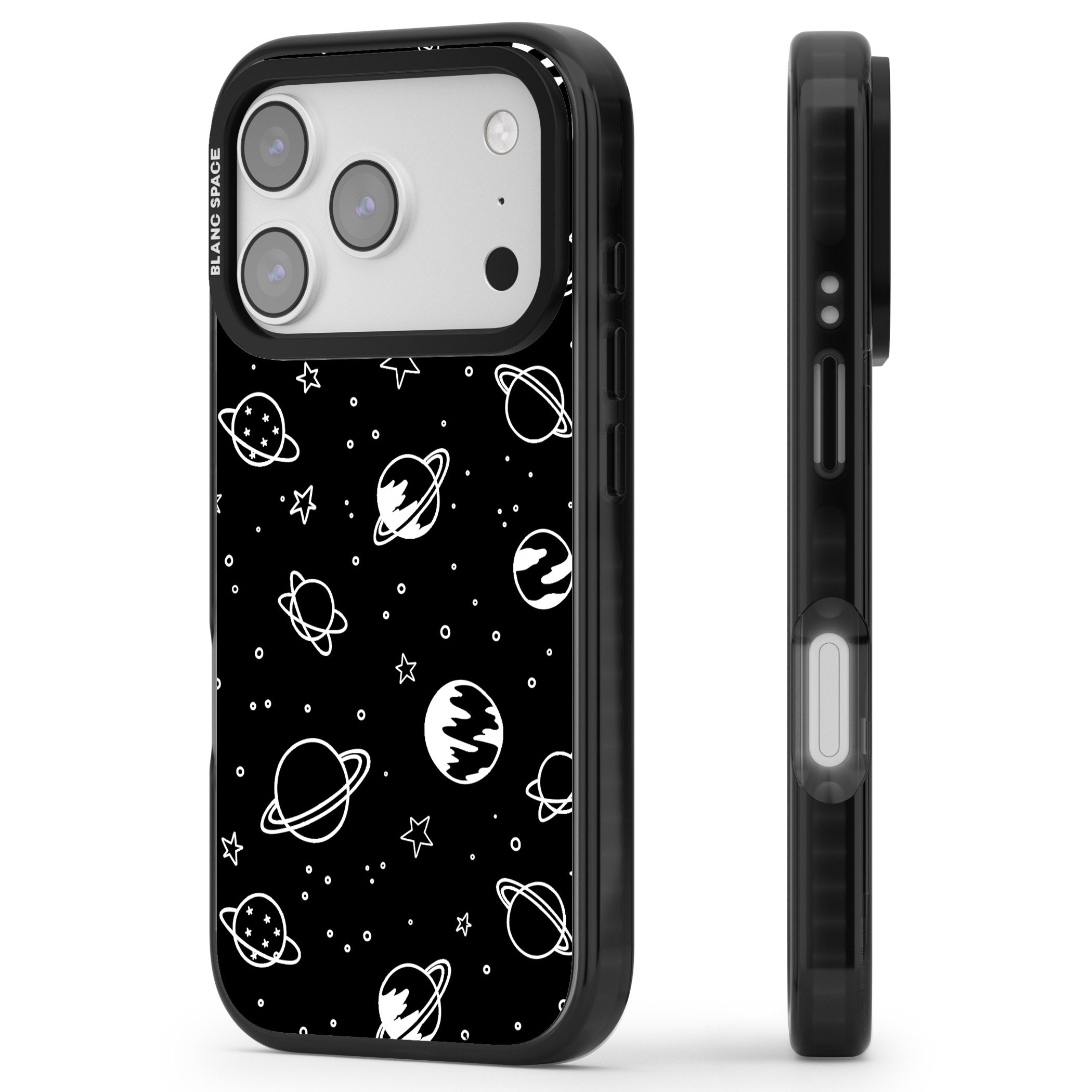 Cosmic Sketch White Black iPhone 17 Pro Max Impact Pro Black Phone Case Side Profile