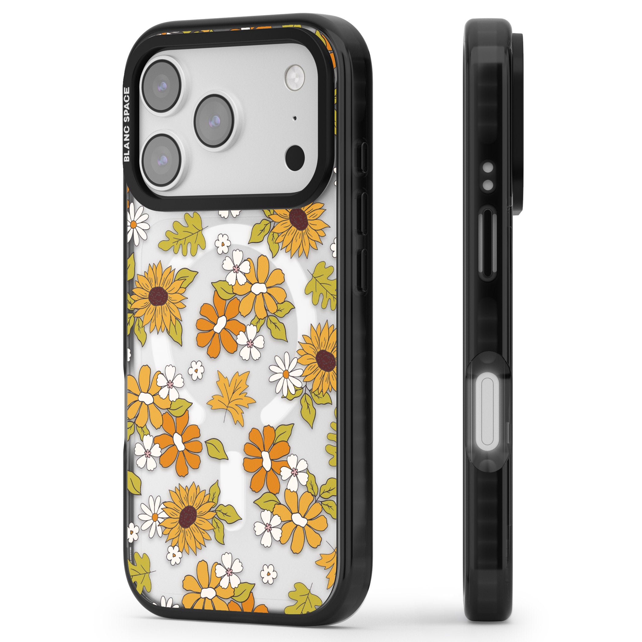 Boho Sunflowers iPhone 17 Pro Impact Pro Black Phone Case Side Profile