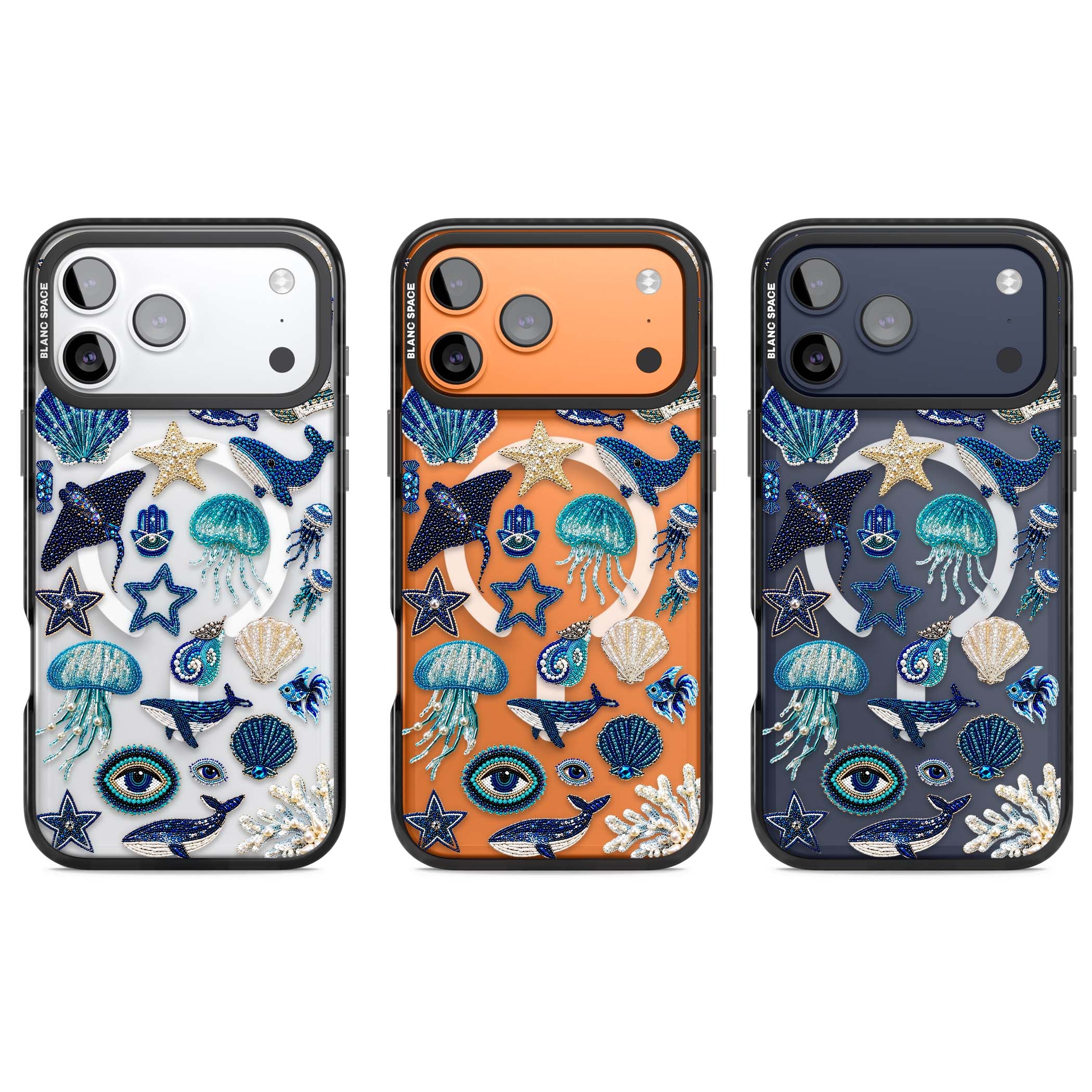 Beaded Coastal coastal iPhone case featuring embroidered seashells, jellyfish and a blue whale on clear | Black Impact Magsafe case for iPhone 17 Pro, iPhone 17 Pro Max