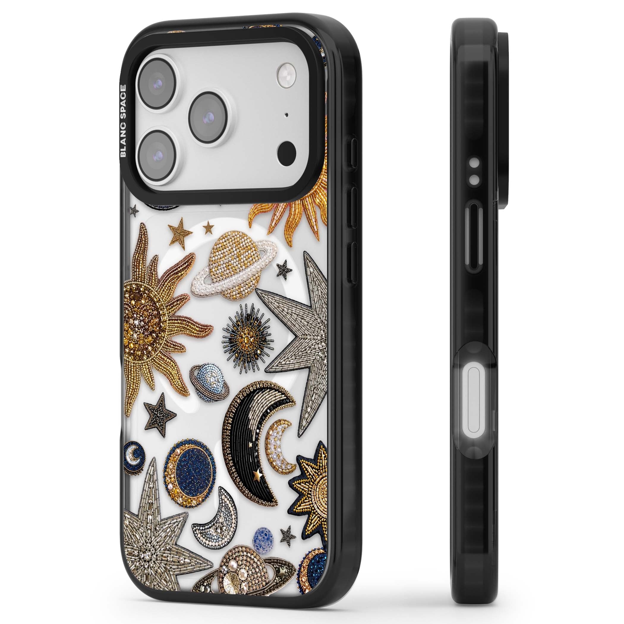 Beaded Cosmos celestial iPhone case featuring embroidered golden suns, beaded planets and silver shooting stars | Black Impact Magsafe case for iPhone 17 Pro, iPhone 17 Pro Max