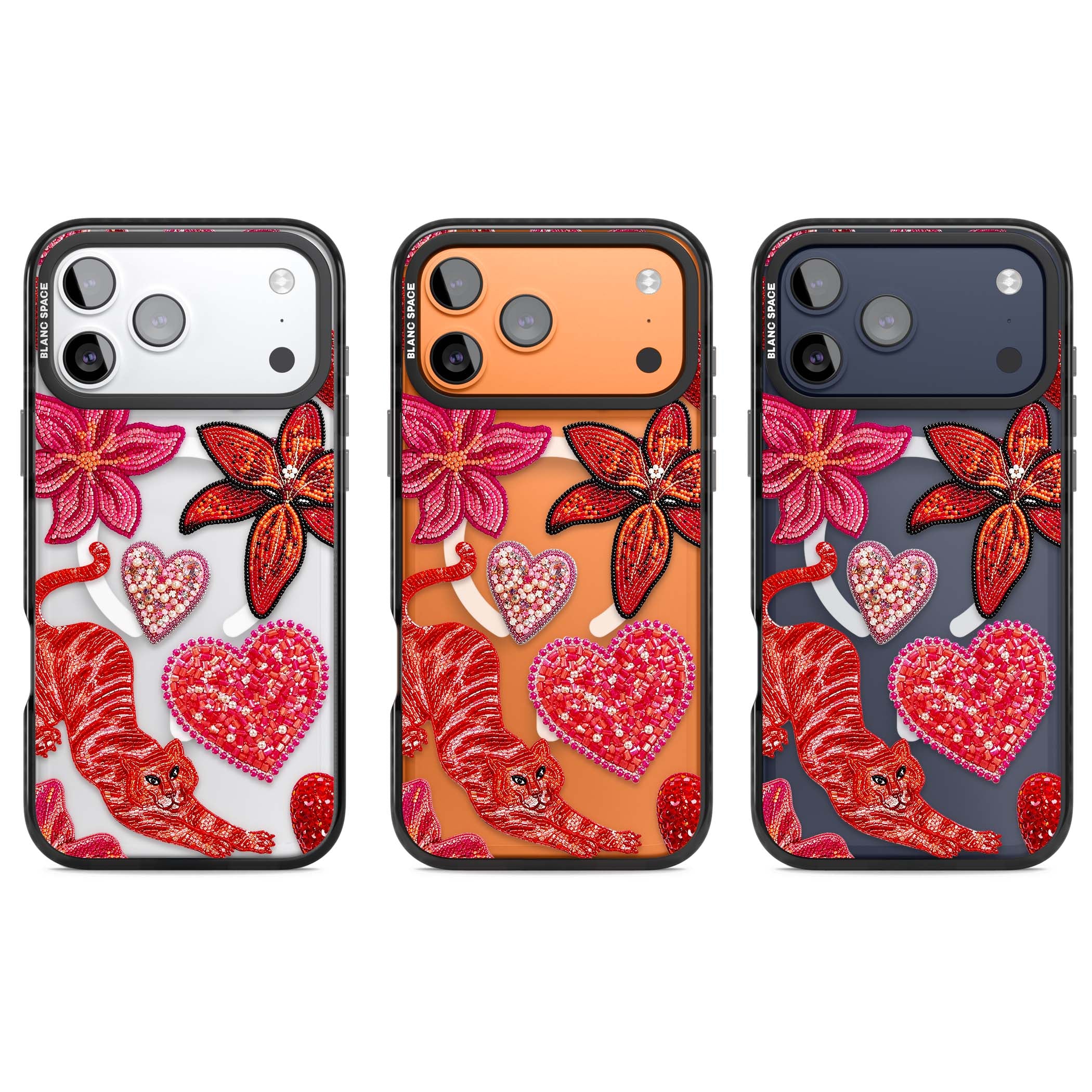 Beaded Boho floral iPhone case featuring beaded red lilies, a stitched tiger, and pearl-encrusted hearts on clear | Black Impact Magsafe case for iPhone 17 Pro, iPhone 17 Pro Max