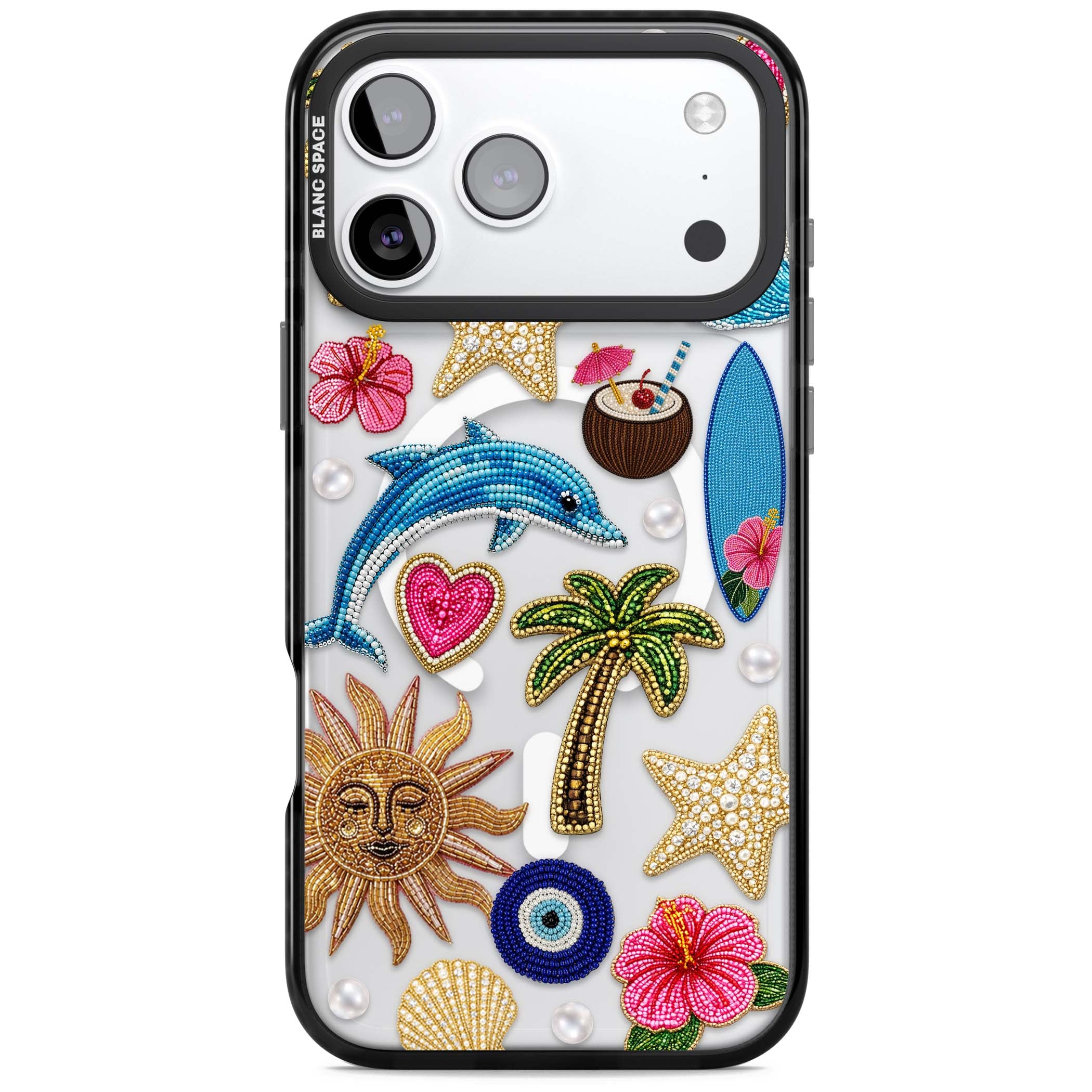 Beaded Beach coastal summer iPhone case featuring embroidered evil eye, hibiscus flowers, dolphin and palm tree patches | Black Impact Magsafe case for iPhone 17 Pro, iPhone 17 Pro Max