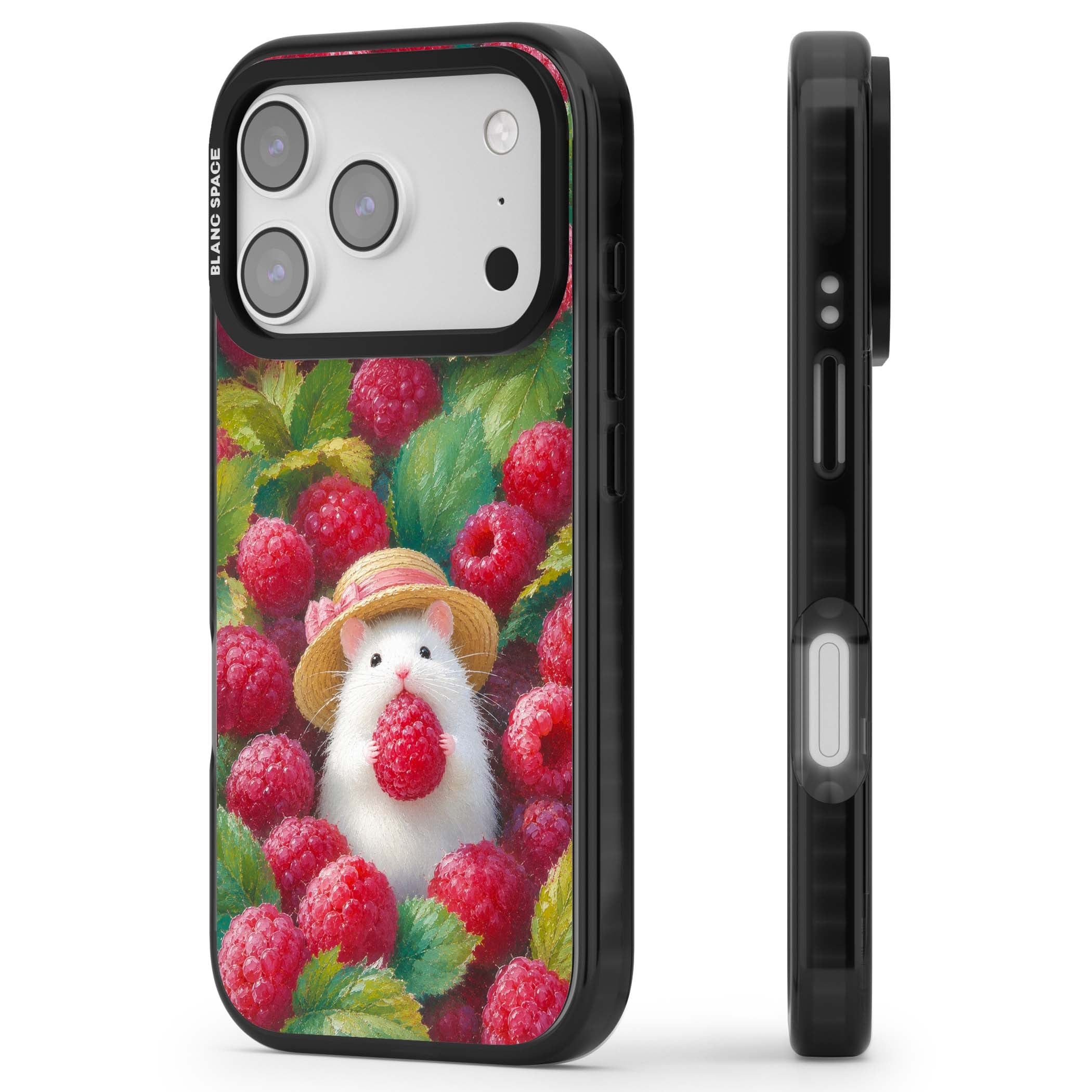Berry Forager cottagecore iPhone case featuring a white hamster in a straw hat holding a raspberry surrounded by ripe ber | Black Impact Magsafe case for iPhone 17 Pro, iPhone 17 Pro Max
