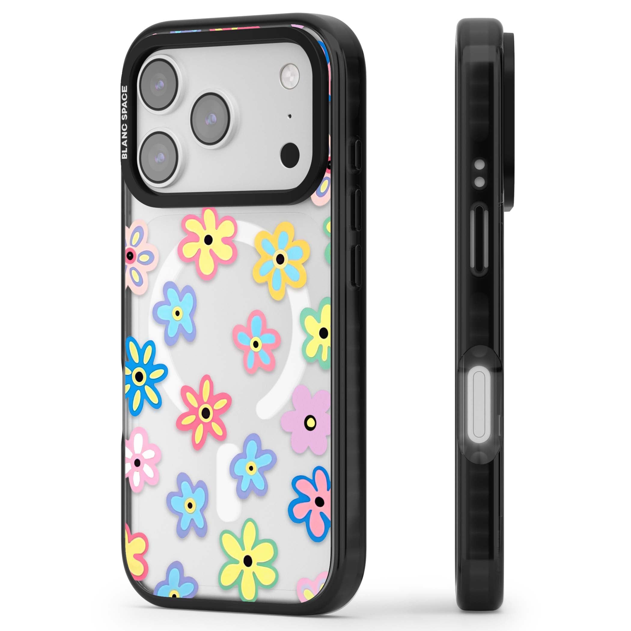 Bloom Pop cottagecore iPhone case featuring multicolor pastel flowers with black centers on clear background | Black Impact Magsafe case for iPhone 17 Pro, iPhone 17 Pro Max