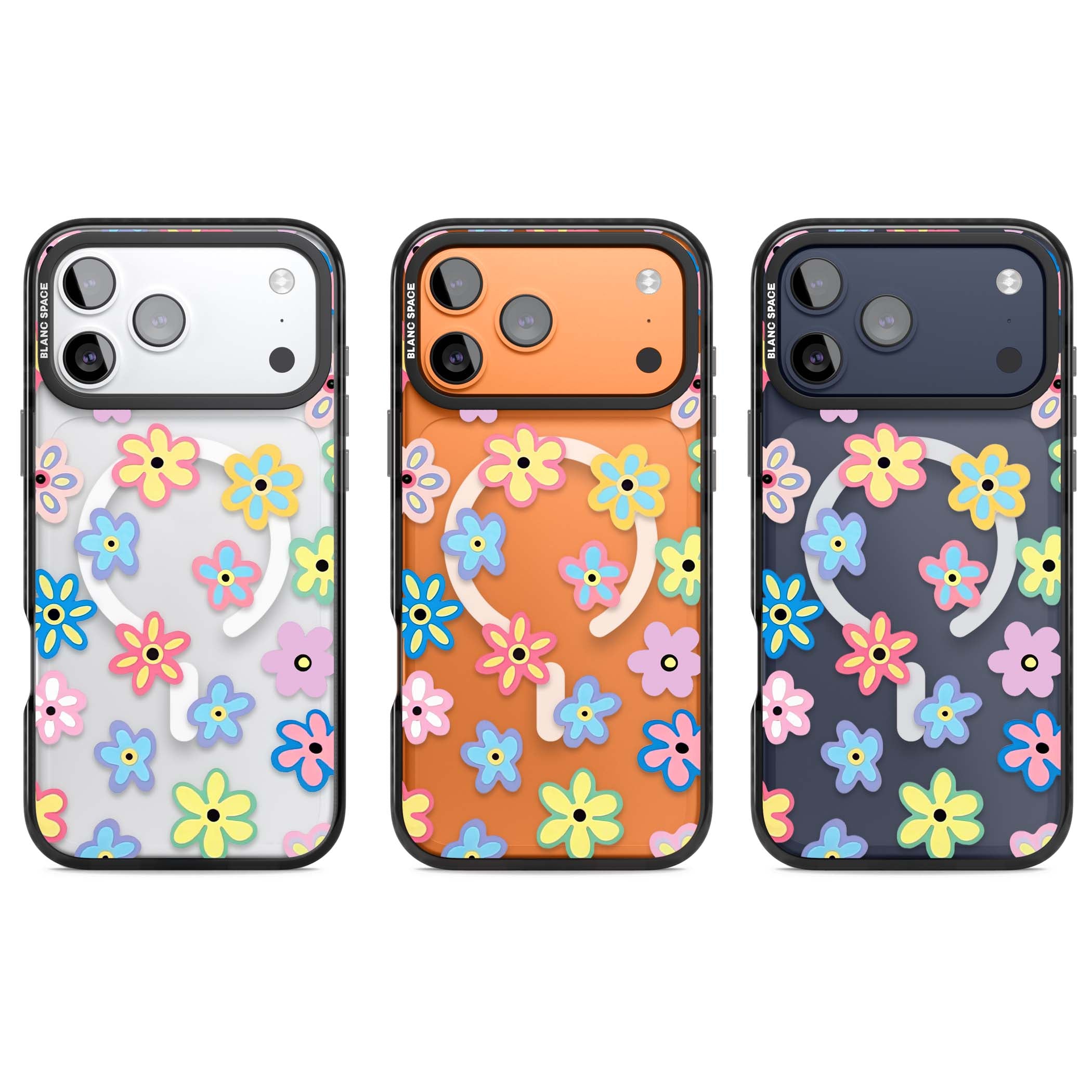 Bloom Pop cottagecore iPhone case featuring multicolor pastel flowers with black centers on clear background | Black Impact Magsafe case for iPhone 17 Pro, iPhone 17 Pro Max