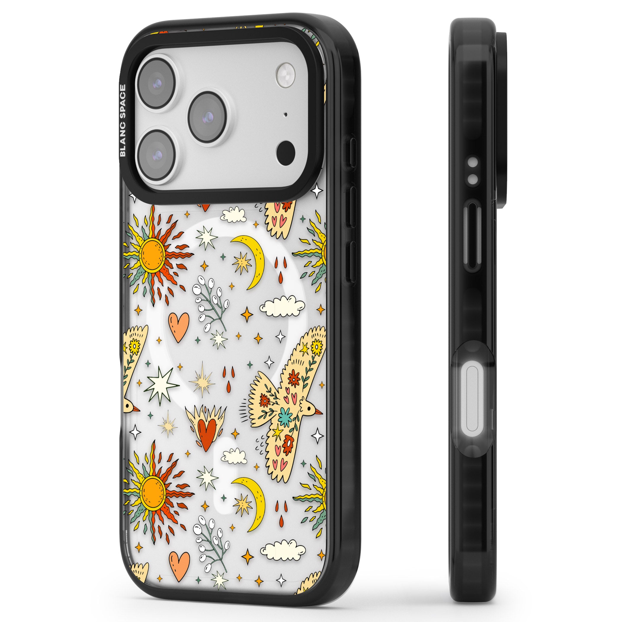 Boho Celestial Floral Bird Sun iPhone 17 Pro Impact Pro Black Phone Case Side Profile