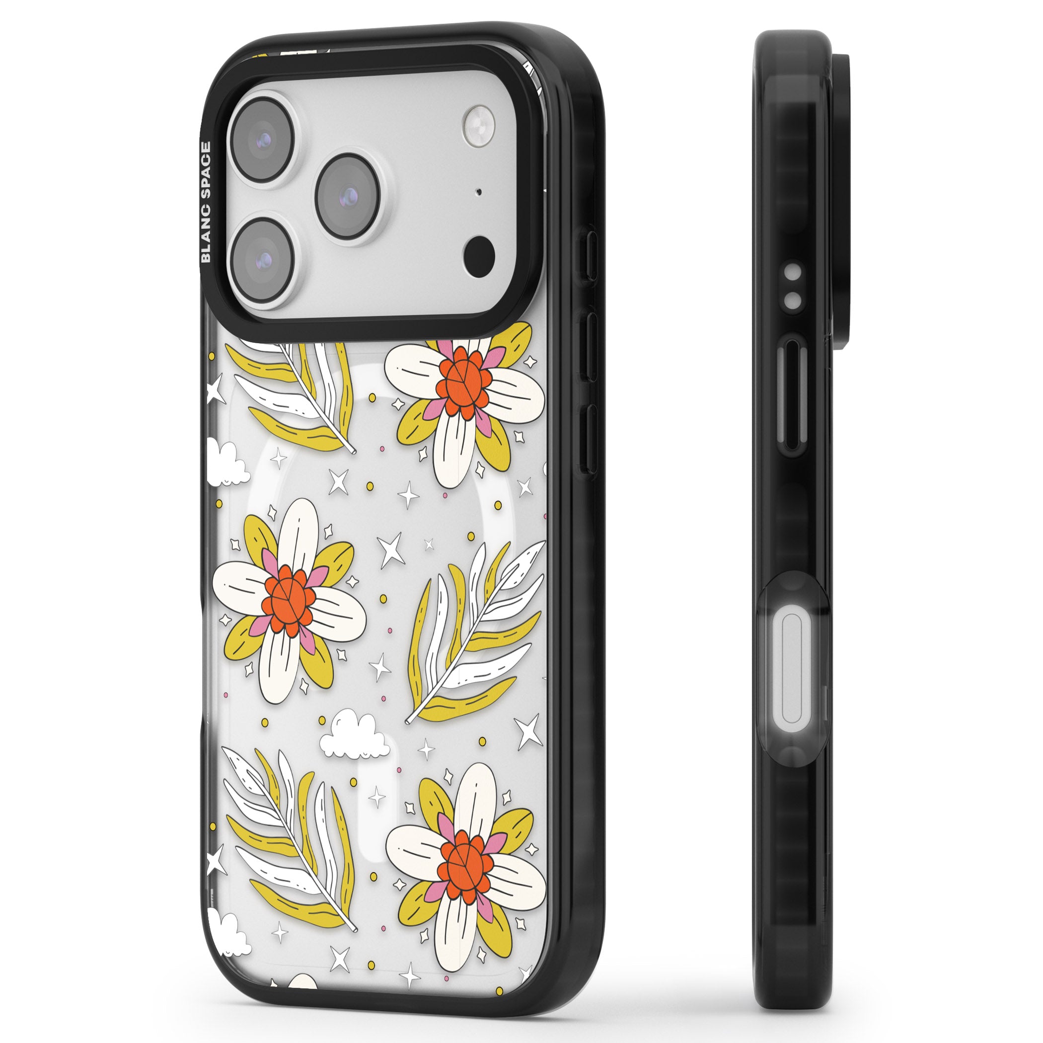 Boho Celestial Floral Dream iPhone 17 Pro Impact Pro Black Phone Case Side Profile