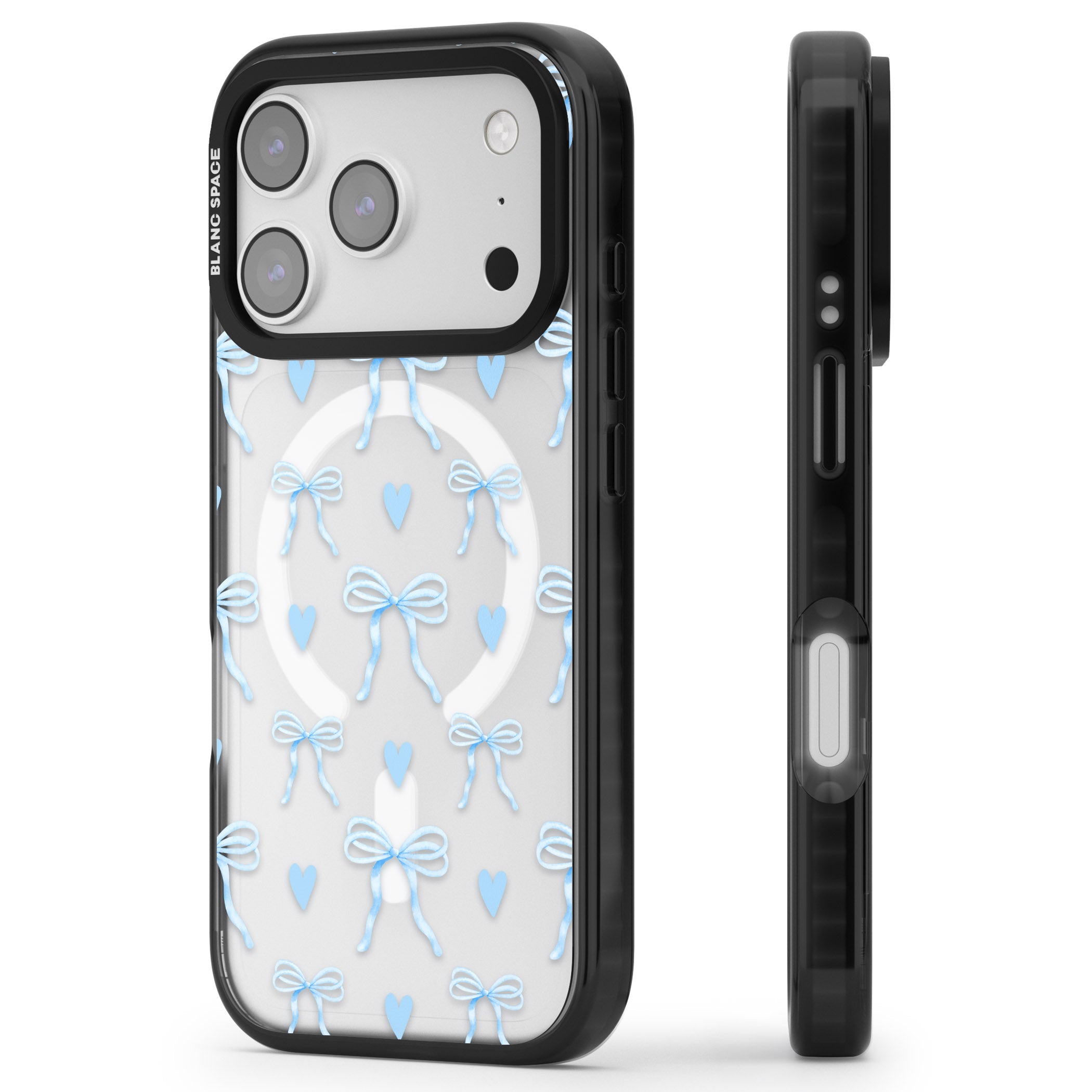 Blue Bows & Hearts iPhone 17 Pro Impact Pro Black Phone Case Side Profile