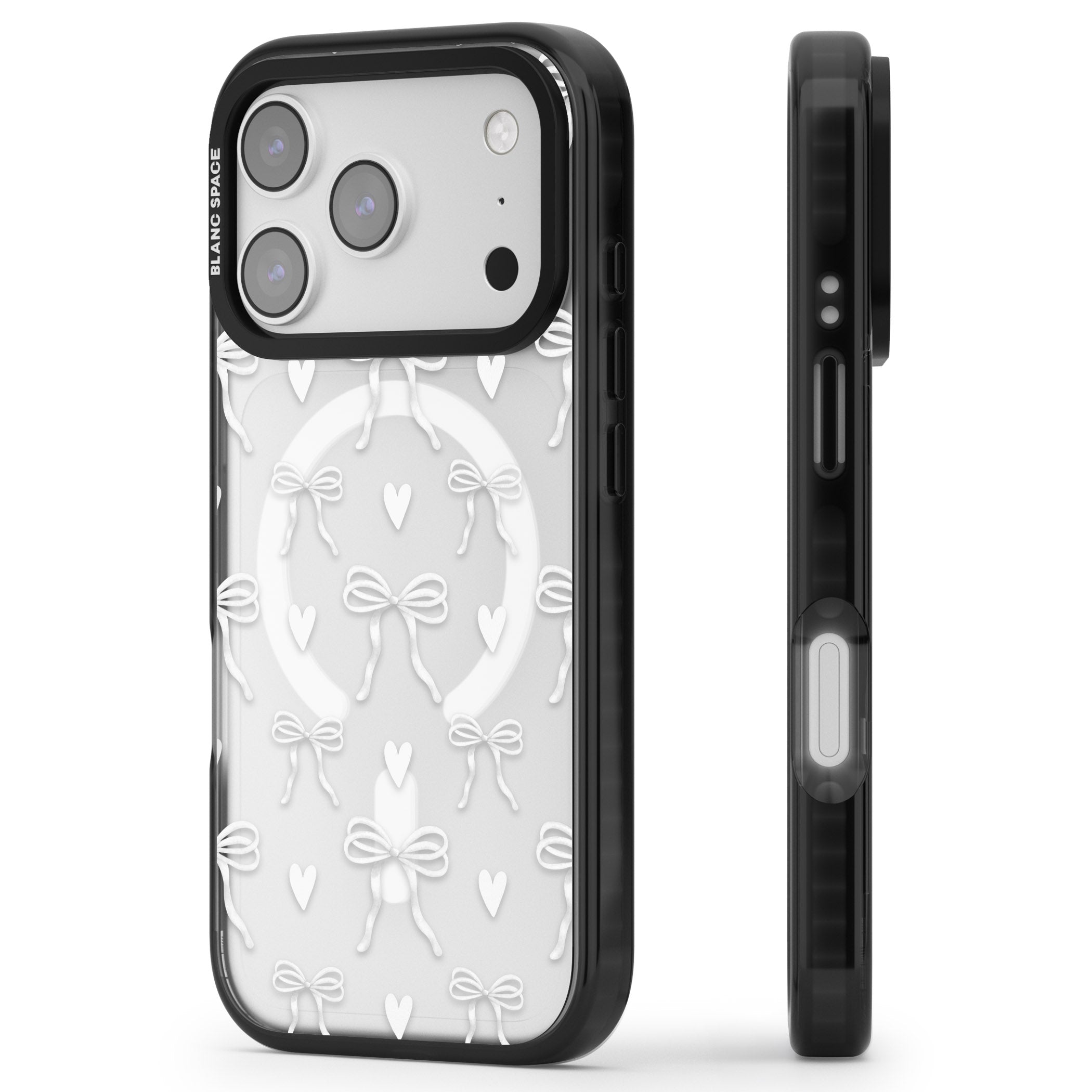 White Bows & Hearts iPhone 17 Pro Max Impact Pro Black Phone Case Side Profile