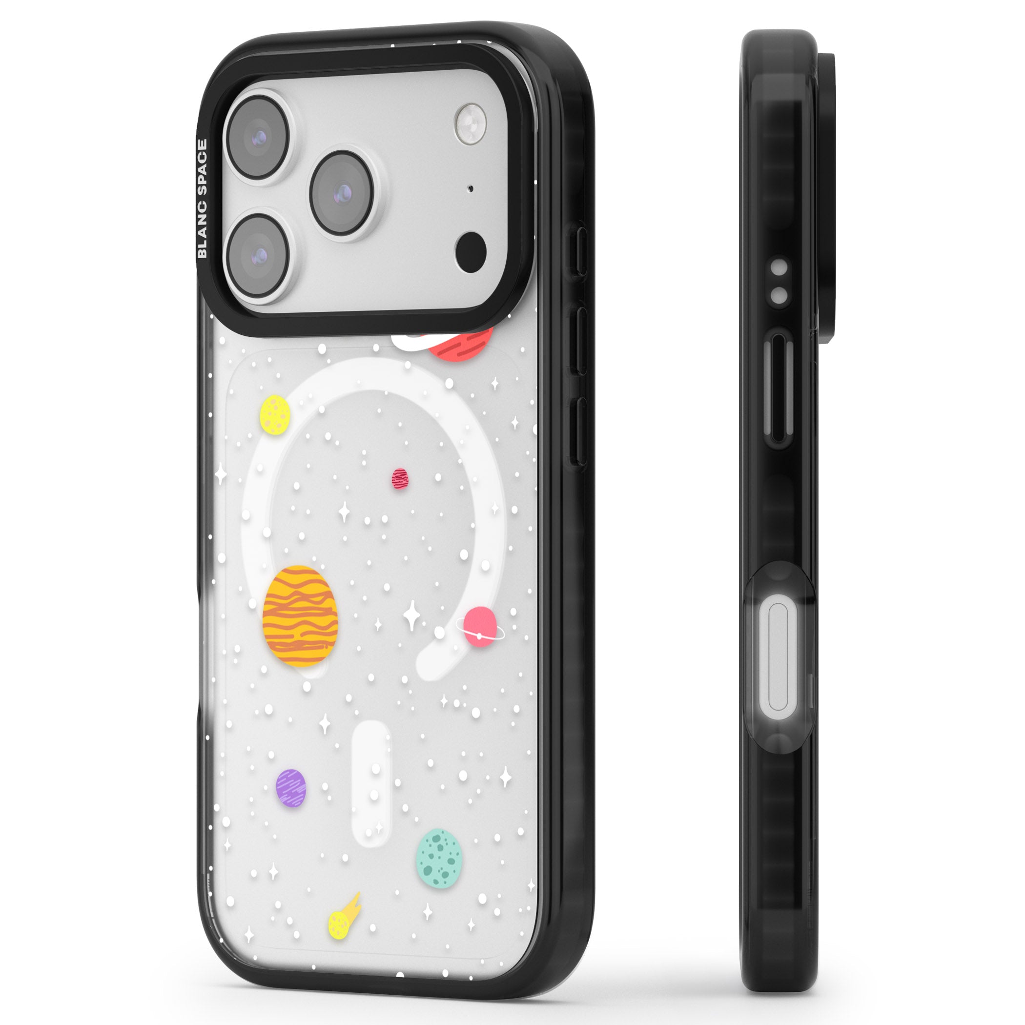 Cute Cartoon Planets (Clear) iPhone 17 Pro Max Impact Pro Black Phone Case Side Profile