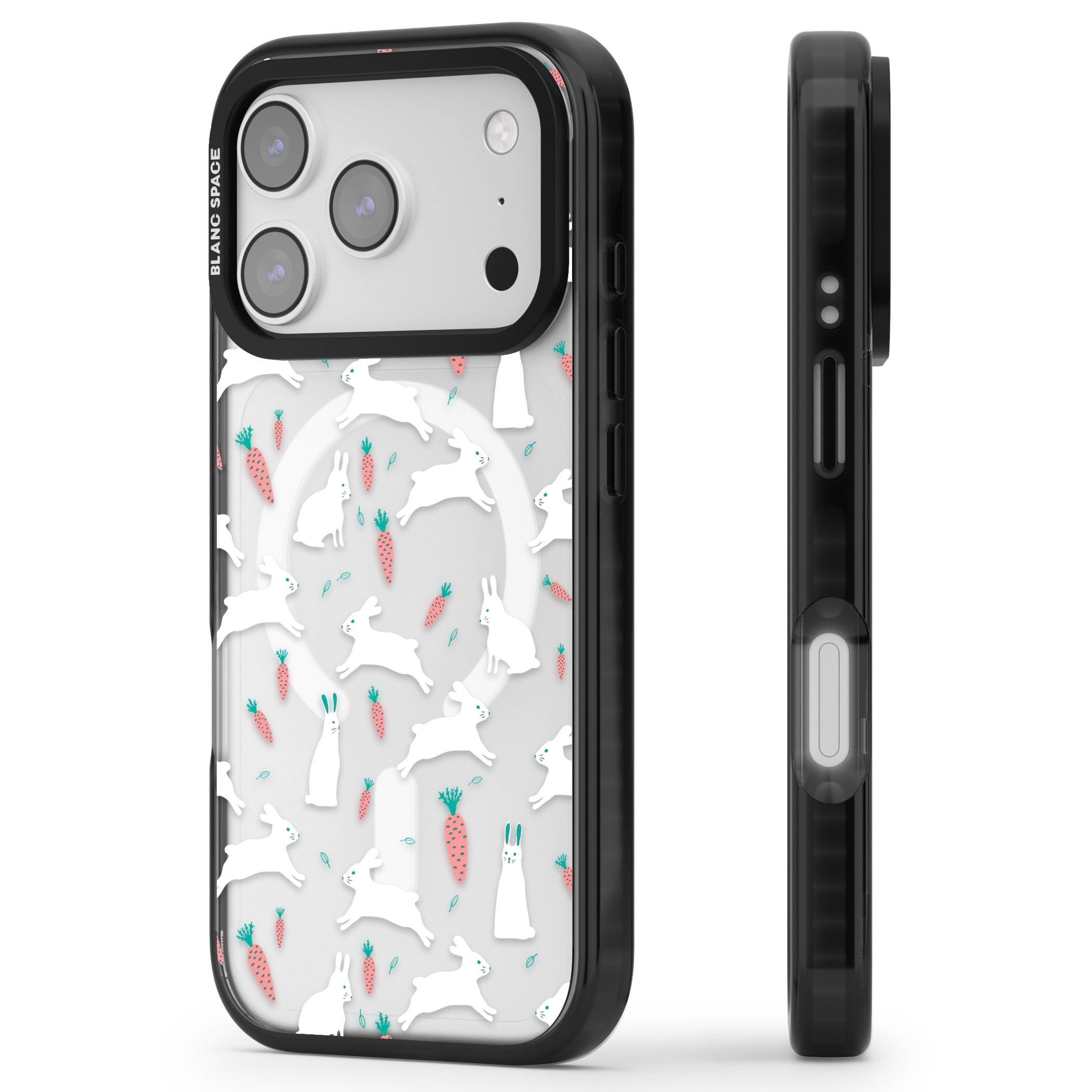 White Bunnies And Carrots iPhone 17 Pro Impact Pro Black Phone Case Side Profile