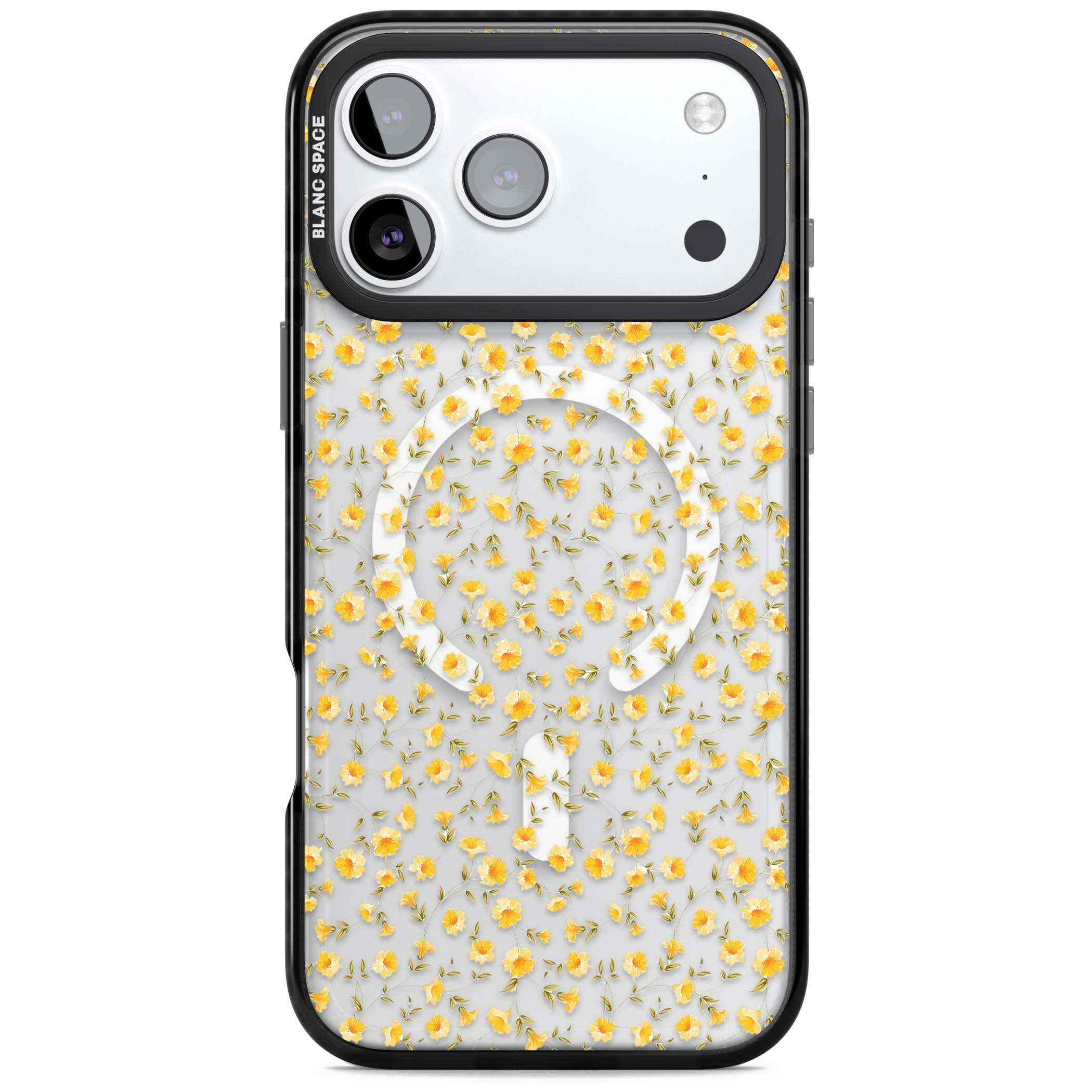 Buttercup wildflower iPhone case featuring tiny yellow flowers and trailing green vines on clear | Black Impact Magsafe case for iPhone 17 Pro, iPhone 17 Pro Max
