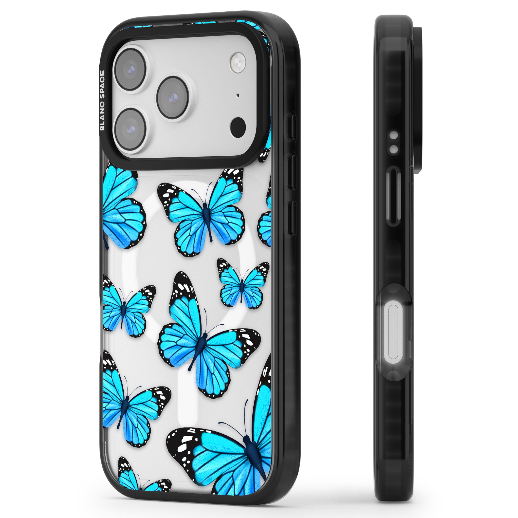 Blue Butterflies iPhone 17 Pro Max Impact Pro Black Phone Case Side Profile