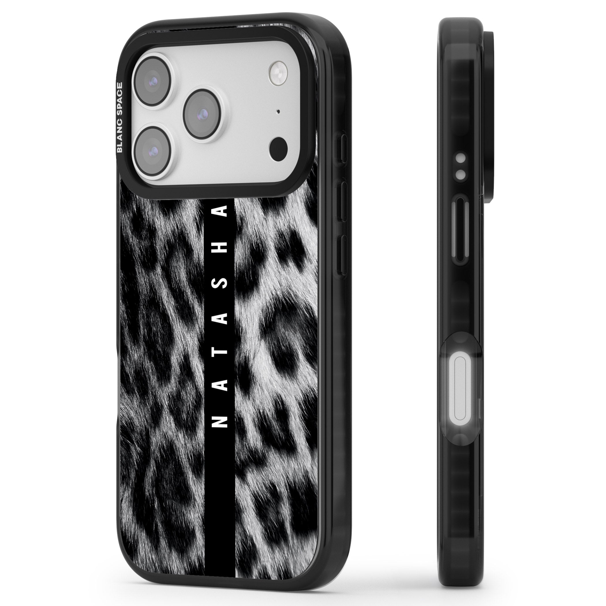 Personalised Snow Leopard Print iPhone 17 Pro Impact Pro Black Phone Case Side Profile