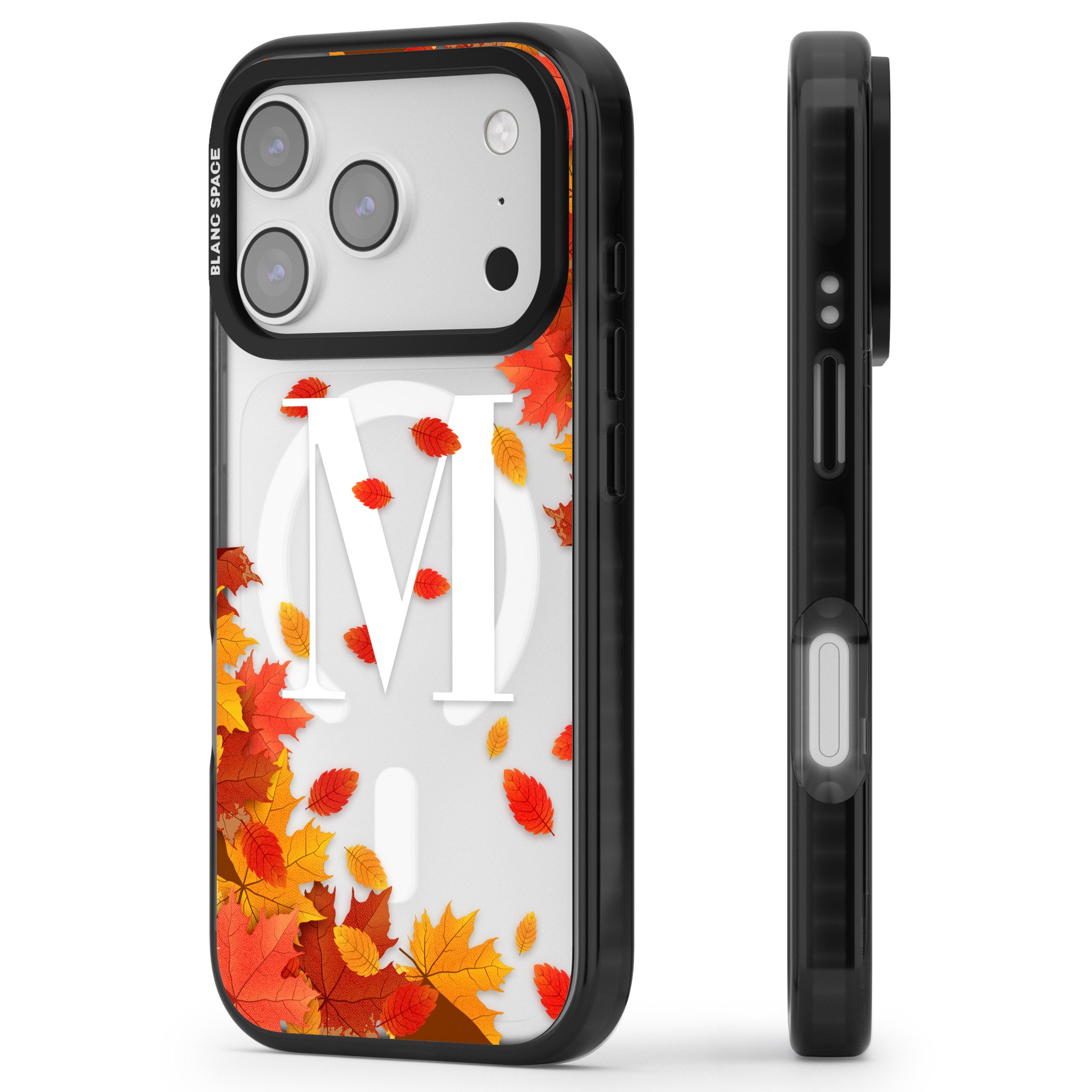 Personalised Autumn Leaves Monogram iPhone 17 Pro Max Impact Pro Black Phone Case Side Profile