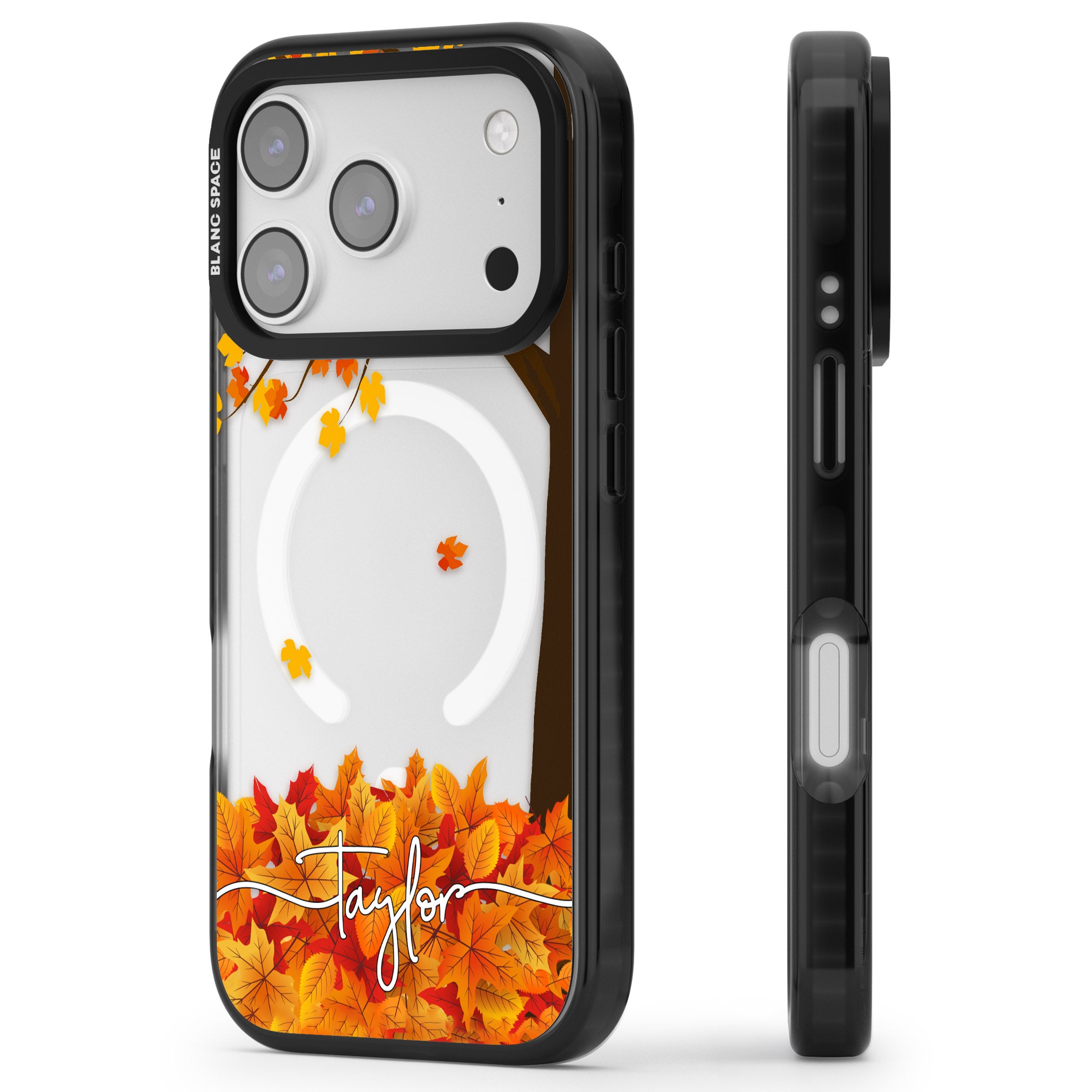 Personalised Autumn Leaves iPhone 17 Pro Impact Pro Black Phone Case Side Profile