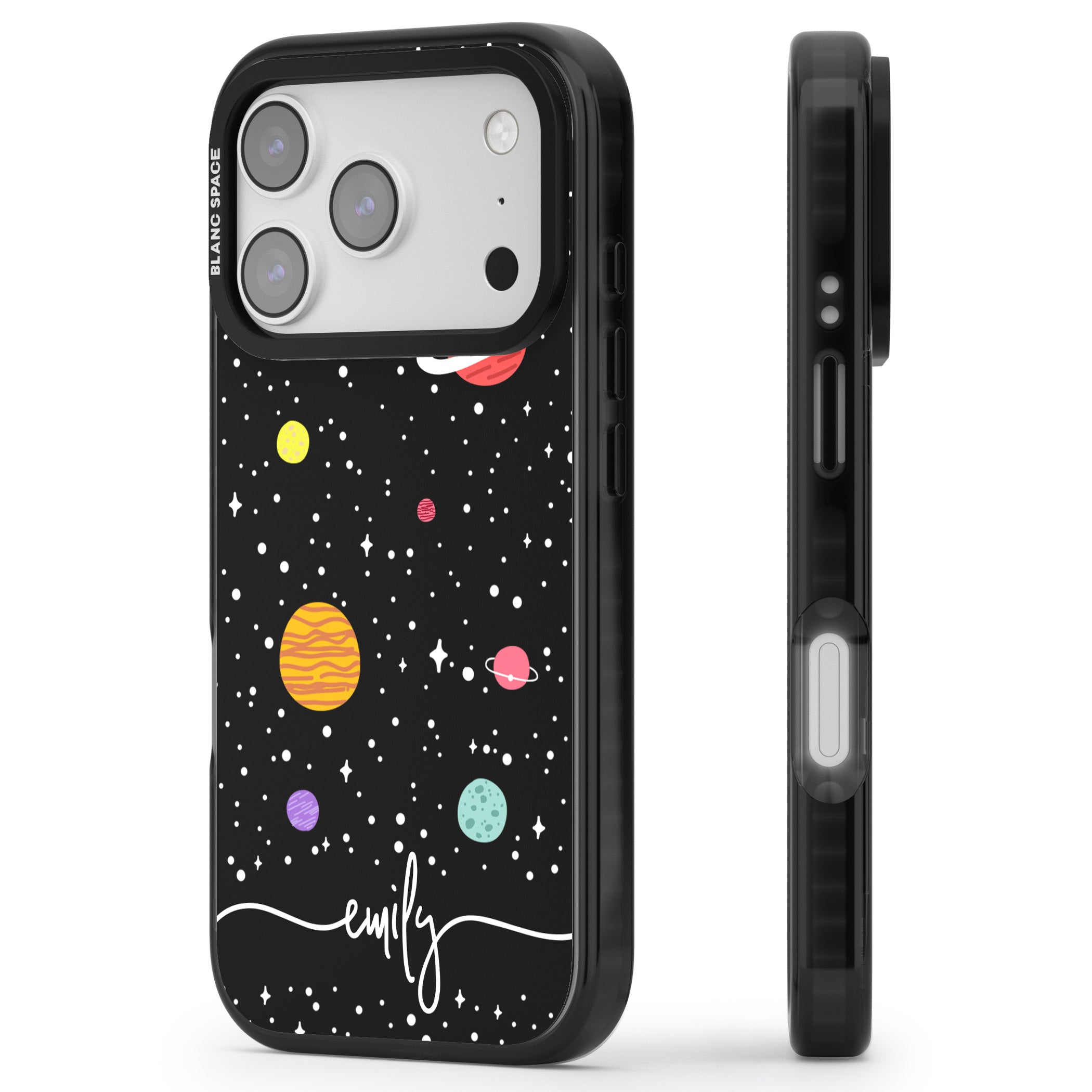 Personalised Cute Cartoon Planet iPhone 17 Pro Impact Pro Black Phone Case Side Profile