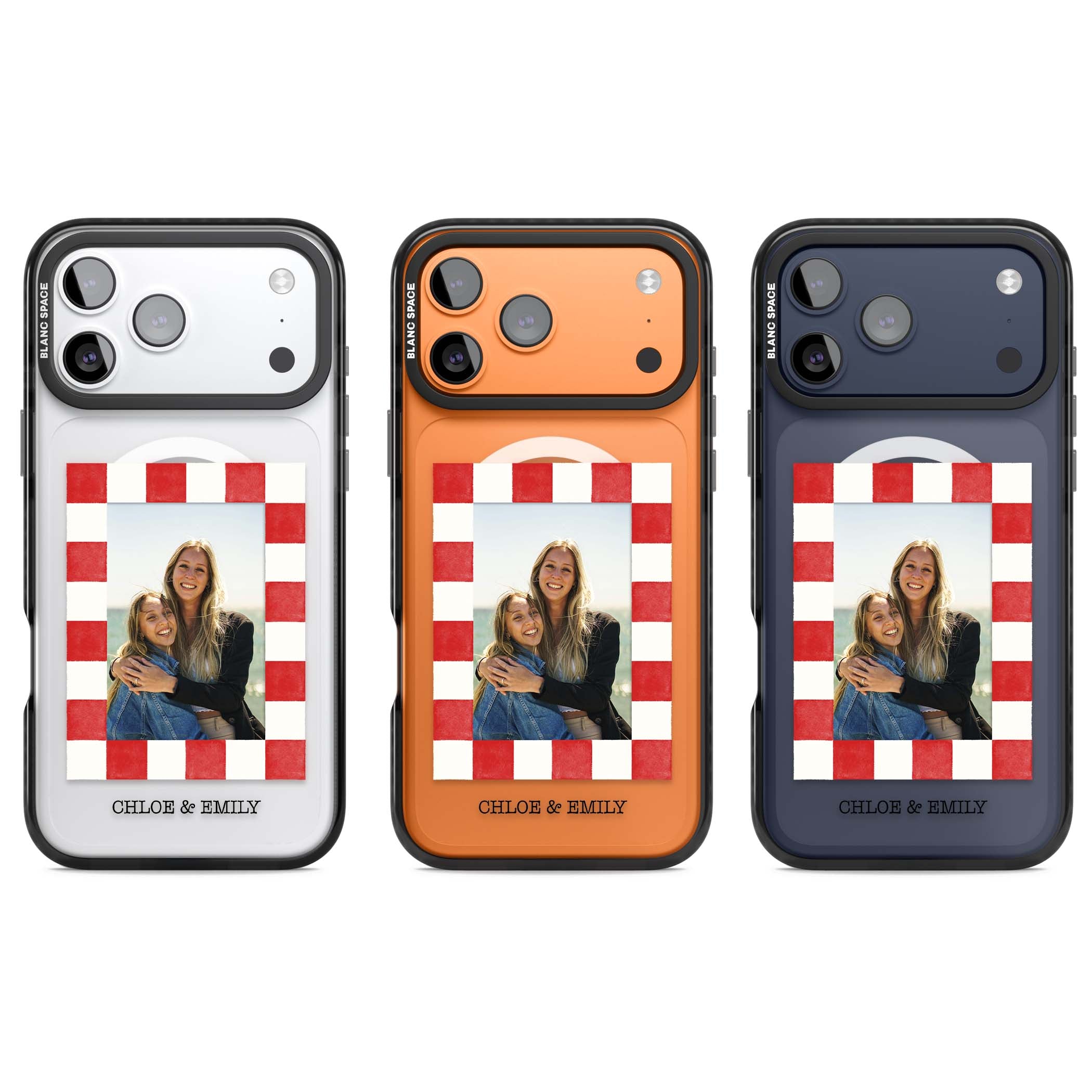 Red Check Photo personalised photo iPhone case with red and white checkered polaroid frame and custom couple name | Black Impact Magsafe case for iPhone 17 Pro, iPhone 17 Pro Max