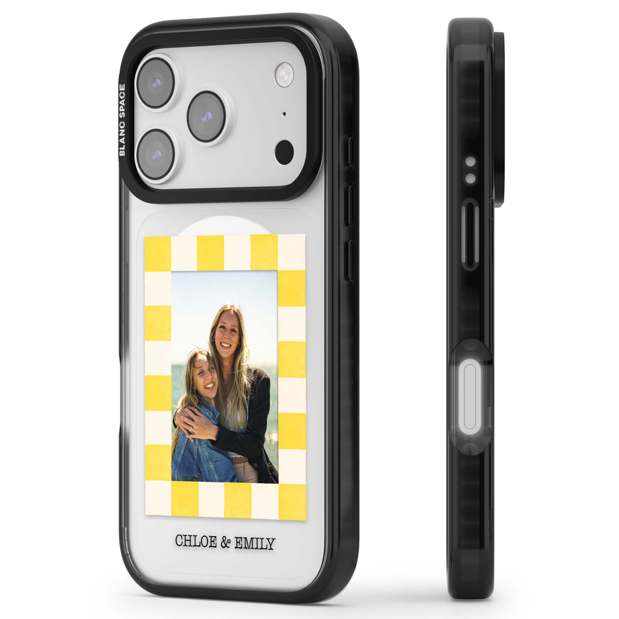 Yellow Check Photo personalised iPhone case with yellow checkered Polaroid frame and custom names beneath | Black Impact Magsafe case for iPhone 17 Pro, iPhone 17 Pro Max