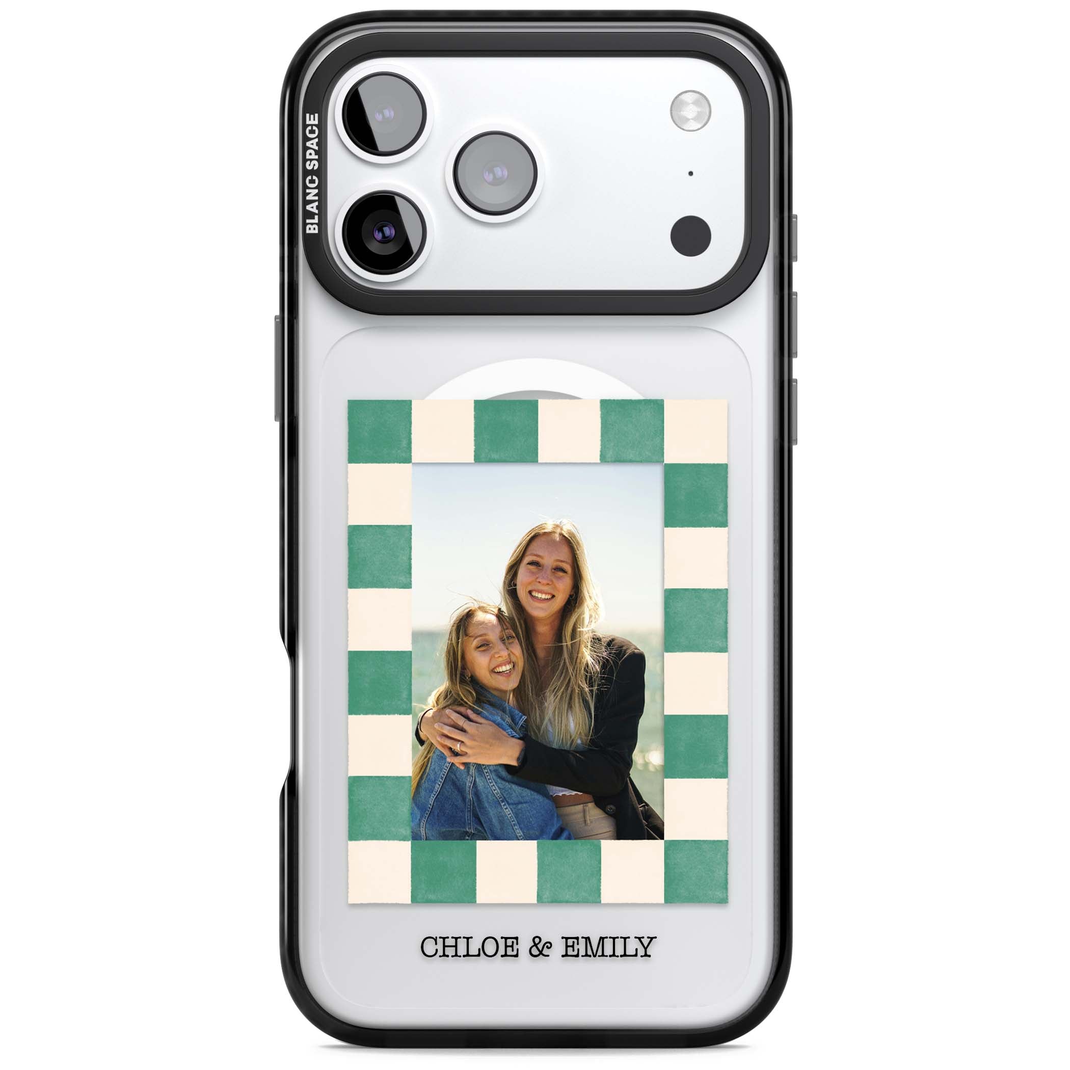 Seafoam Check Photo personalised iPhone case featuring a custom polaroid photo, green and cream checkered frame, and custom n | Black Impact Magsafe case for iPhone 17 Pro, iPhone 17 Pro Max