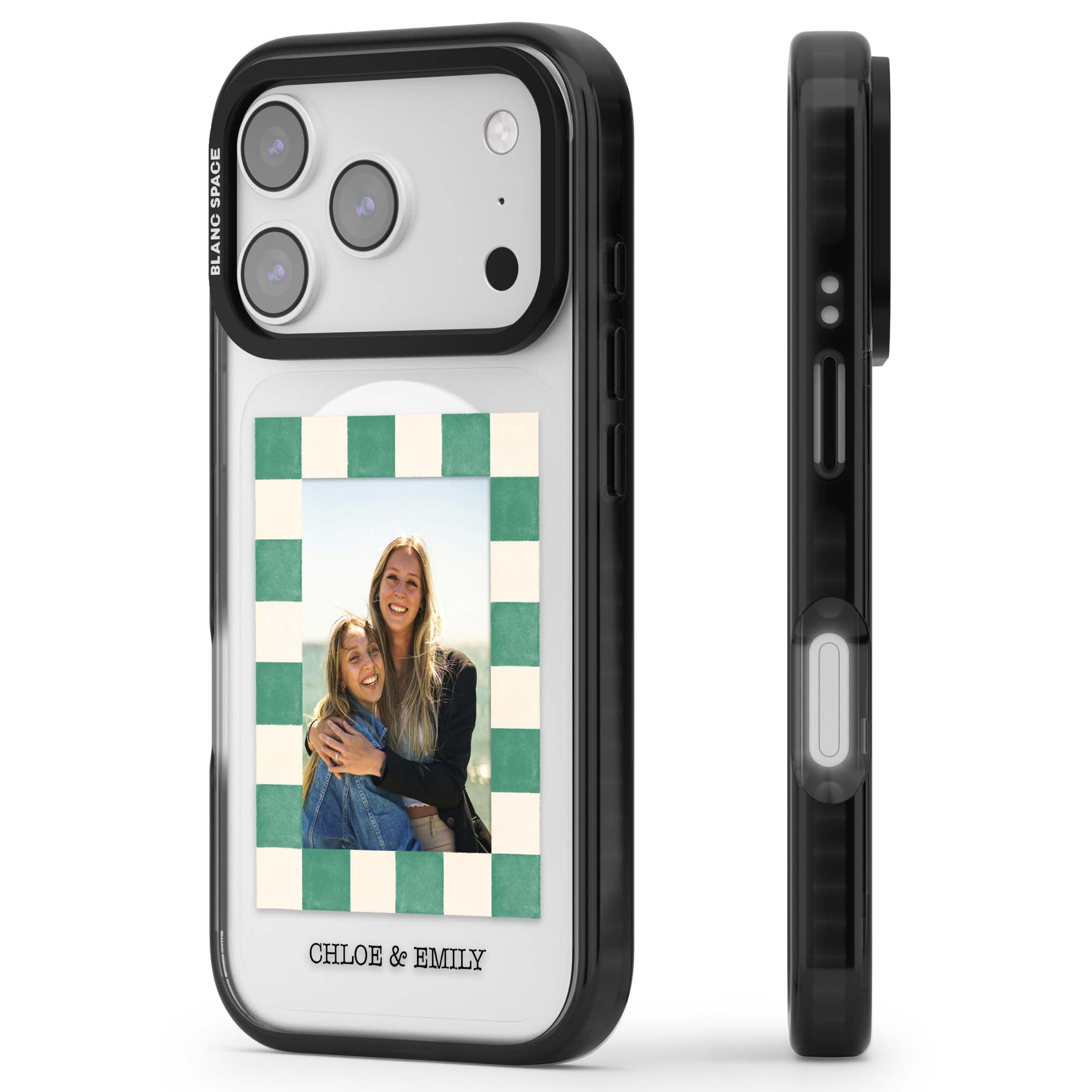 Seafoam Check Photo personalised iPhone case featuring a custom polaroid photo, green and cream checkered frame, and custom n | Black Impact Magsafe case for iPhone 17 Pro, iPhone 17 Pro Max