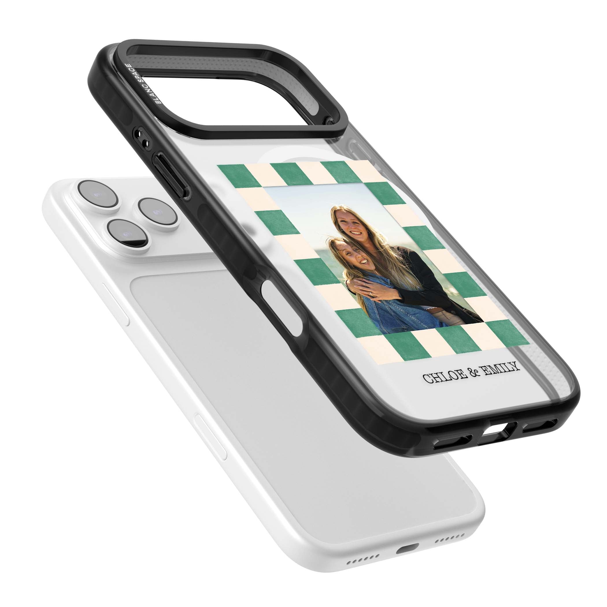 Seafoam Check Photo personalised iPhone case featuring a custom polaroid photo, green and cream checkered frame, and custom n | Black Impact Magsafe case for iPhone 17 Pro, iPhone 17 Pro Max
