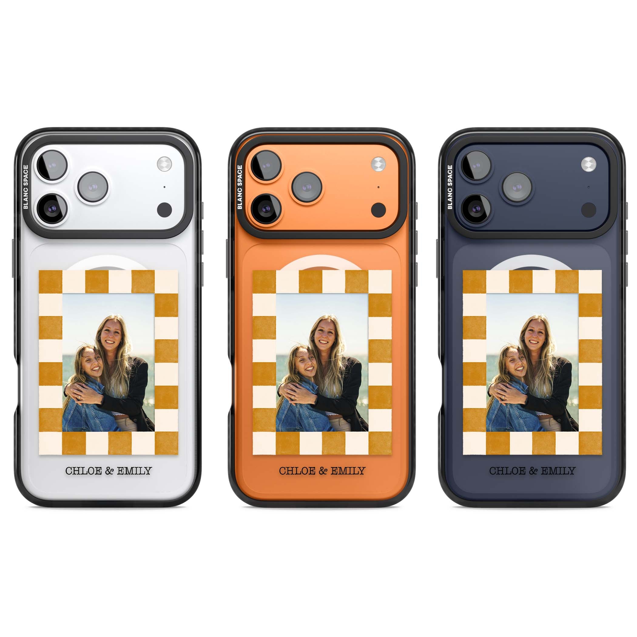 Citrus Check Photo personalised iPhone case with custom photo, orange checkered frame and names underneath | Black Impact Magsafe case for iPhone 17 Pro, iPhone 17 Pro Max