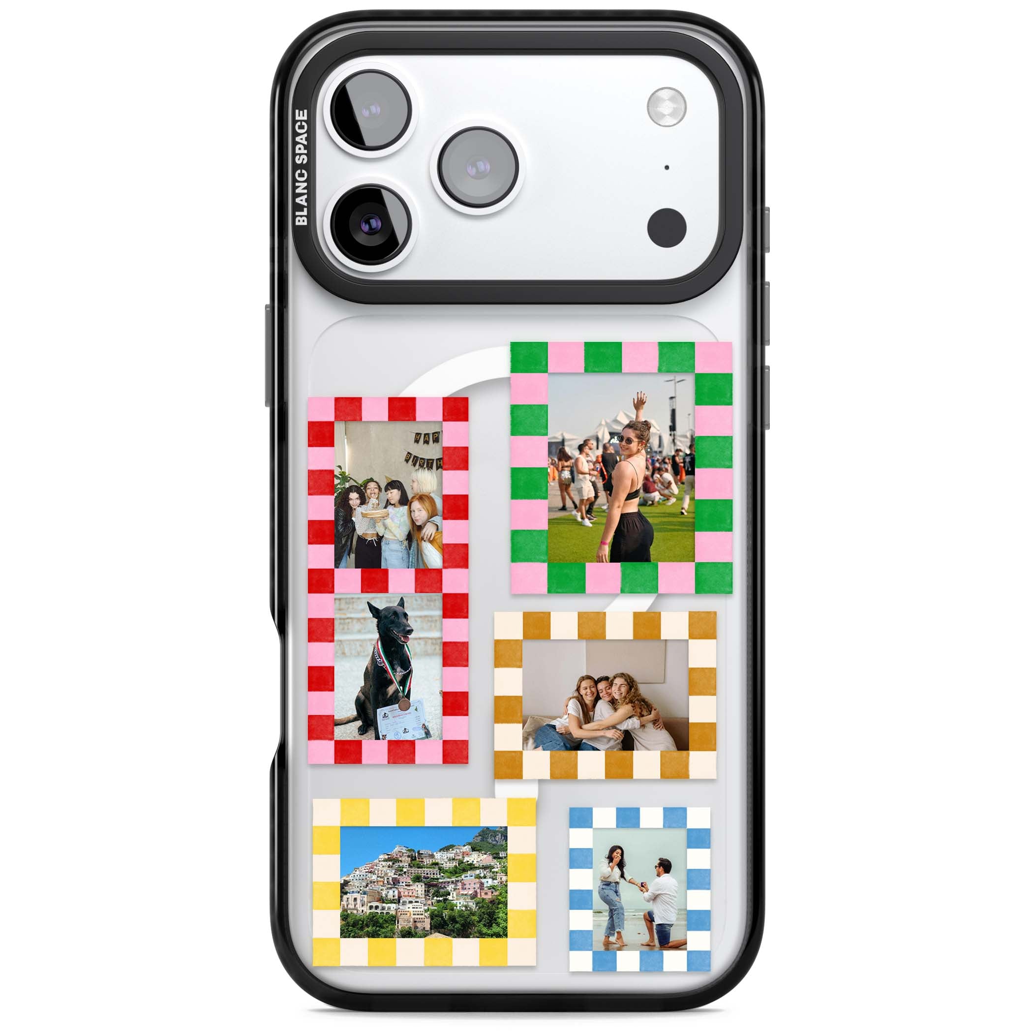 Italian Check Frames custom photo collage iPhone case featuring six checkered photo frames in red, green, pink and | Black Impact Magsafe case for iPhone 17 Pro, iPhone 17 Pro Max