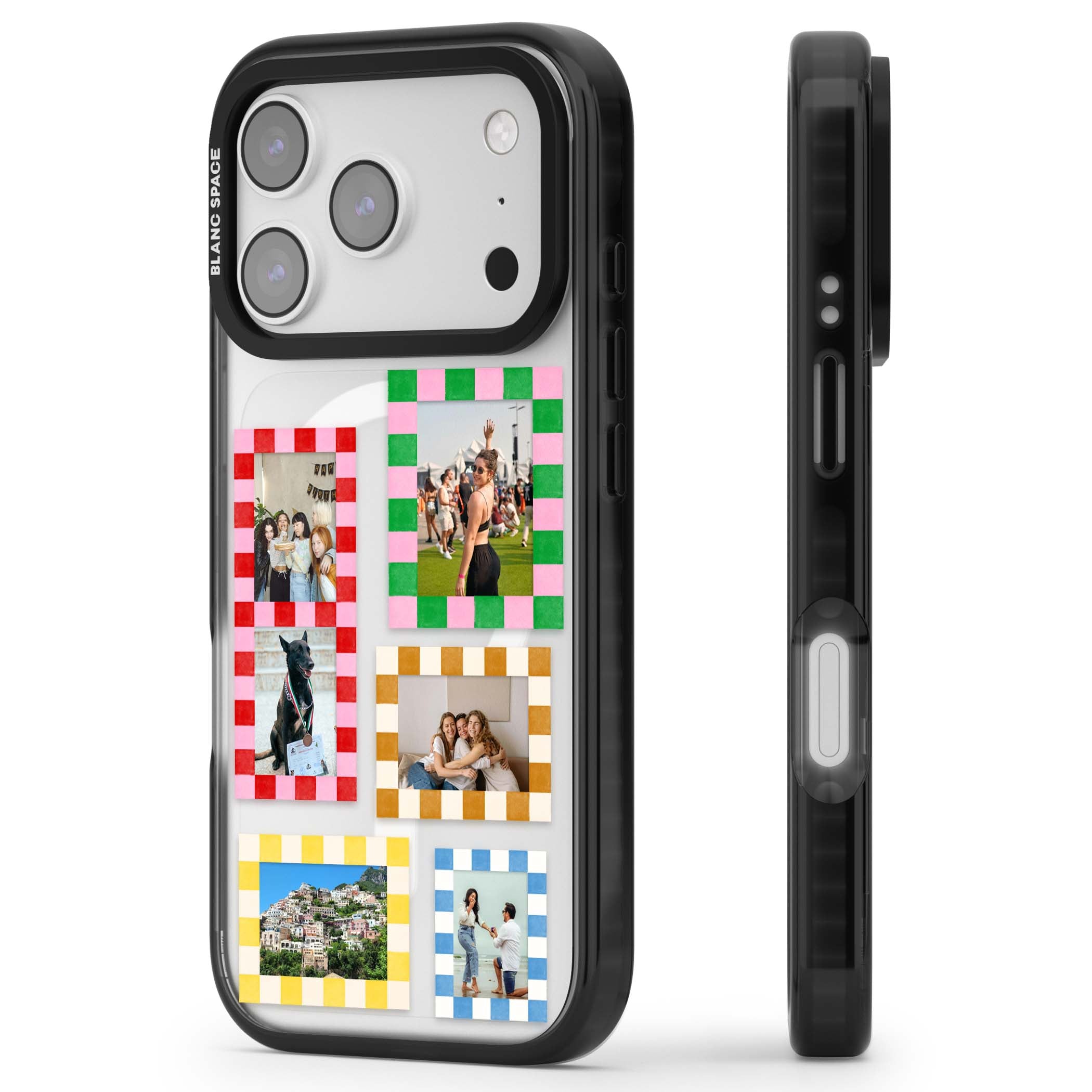 Italian Check Frames custom photo collage iPhone case featuring six checkered photo frames in red, green, pink and | Black Impact Magsafe case for iPhone 17 Pro, iPhone 17 Pro Max