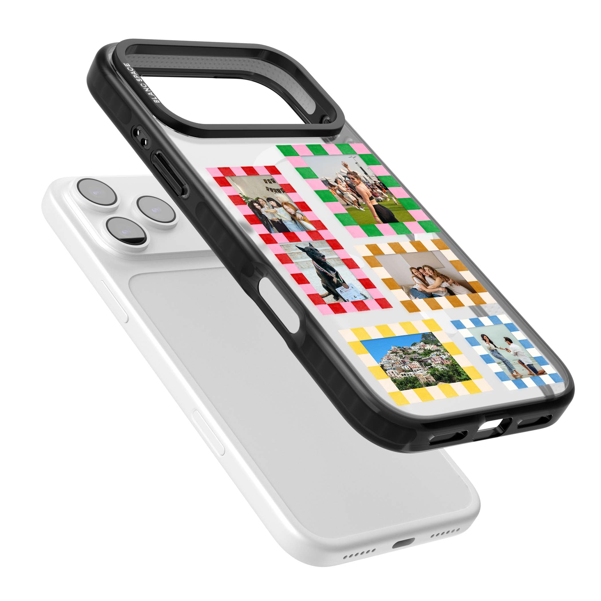Italian Check Frames custom photo collage iPhone case featuring six checkered photo frames in red, green, pink and | Black Impact Magsafe case for iPhone 17 Pro, iPhone 17 Pro Max