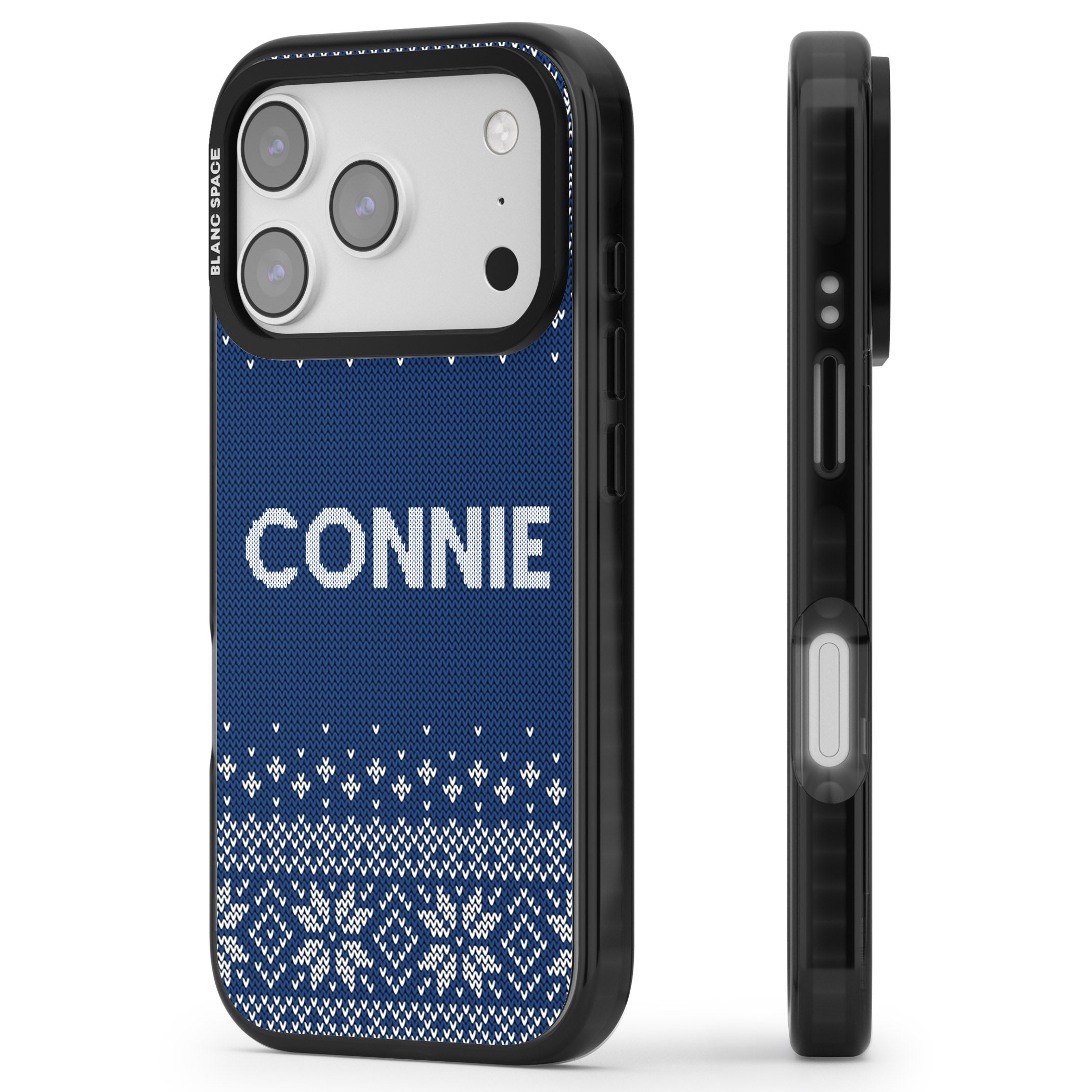 Personalised Blue Knitted Christmas iPhone 17 Pro Max Impact Pro Black Phone Case Side Profile
