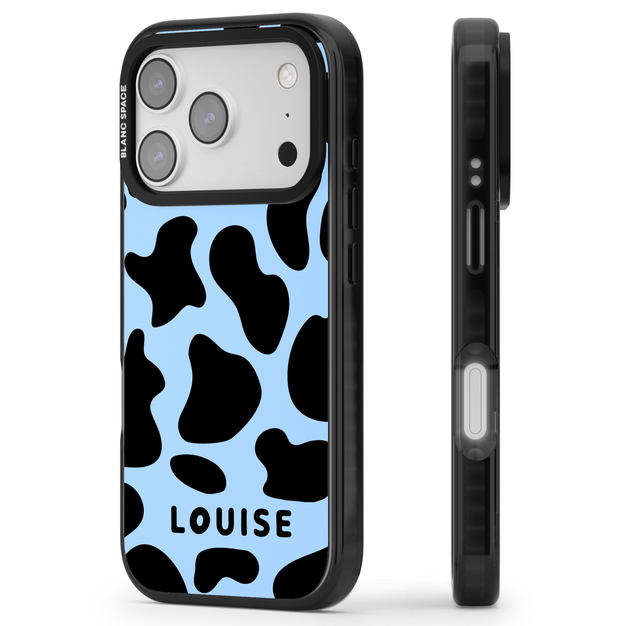 Personalised Blue And Black Cow Print iPhone 17 Pro Impact Pro Black Phone Case Side Profile
