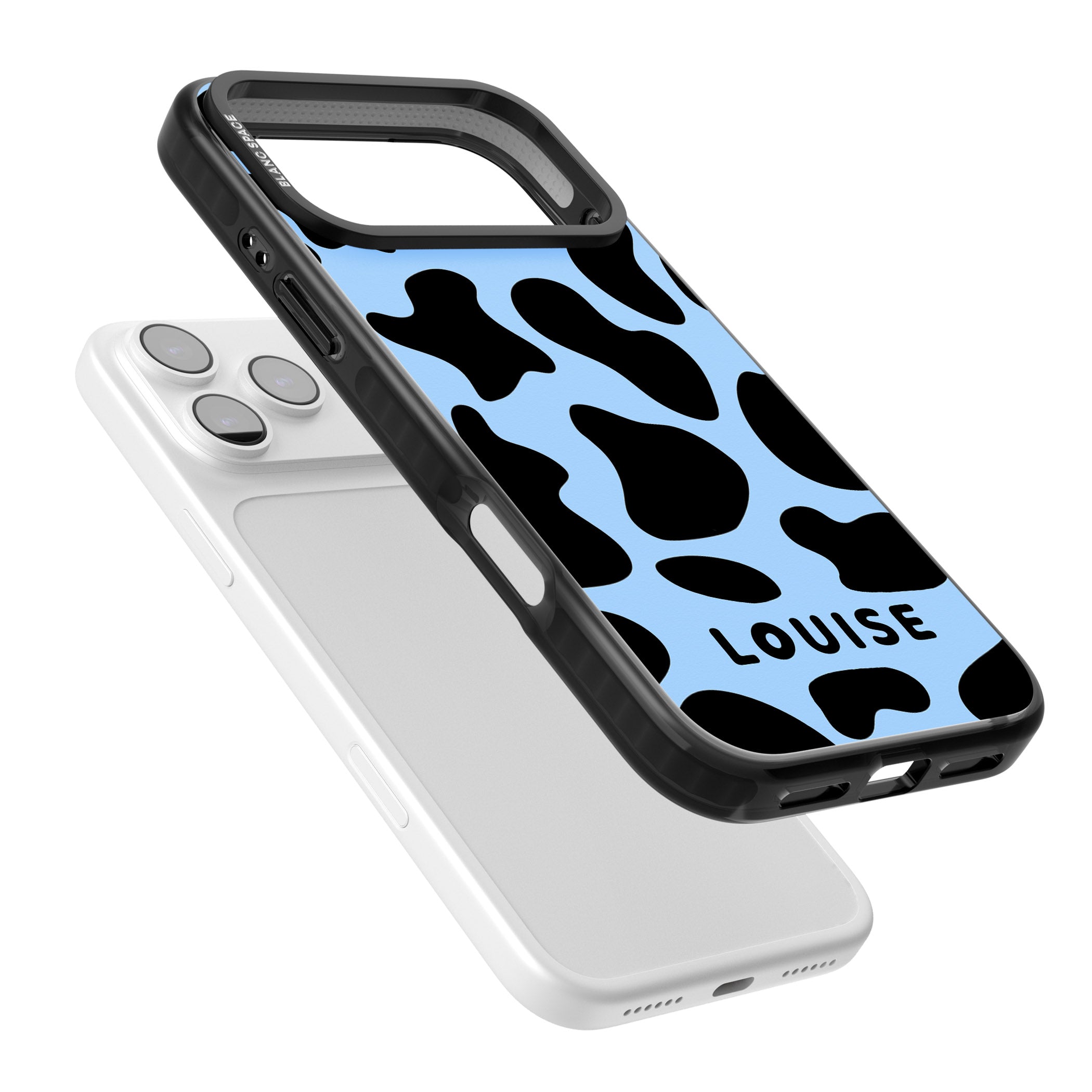 Personalised Blue And Black Cow Print iPhone 17 Pro Impact Pro Black Phone Case Colours