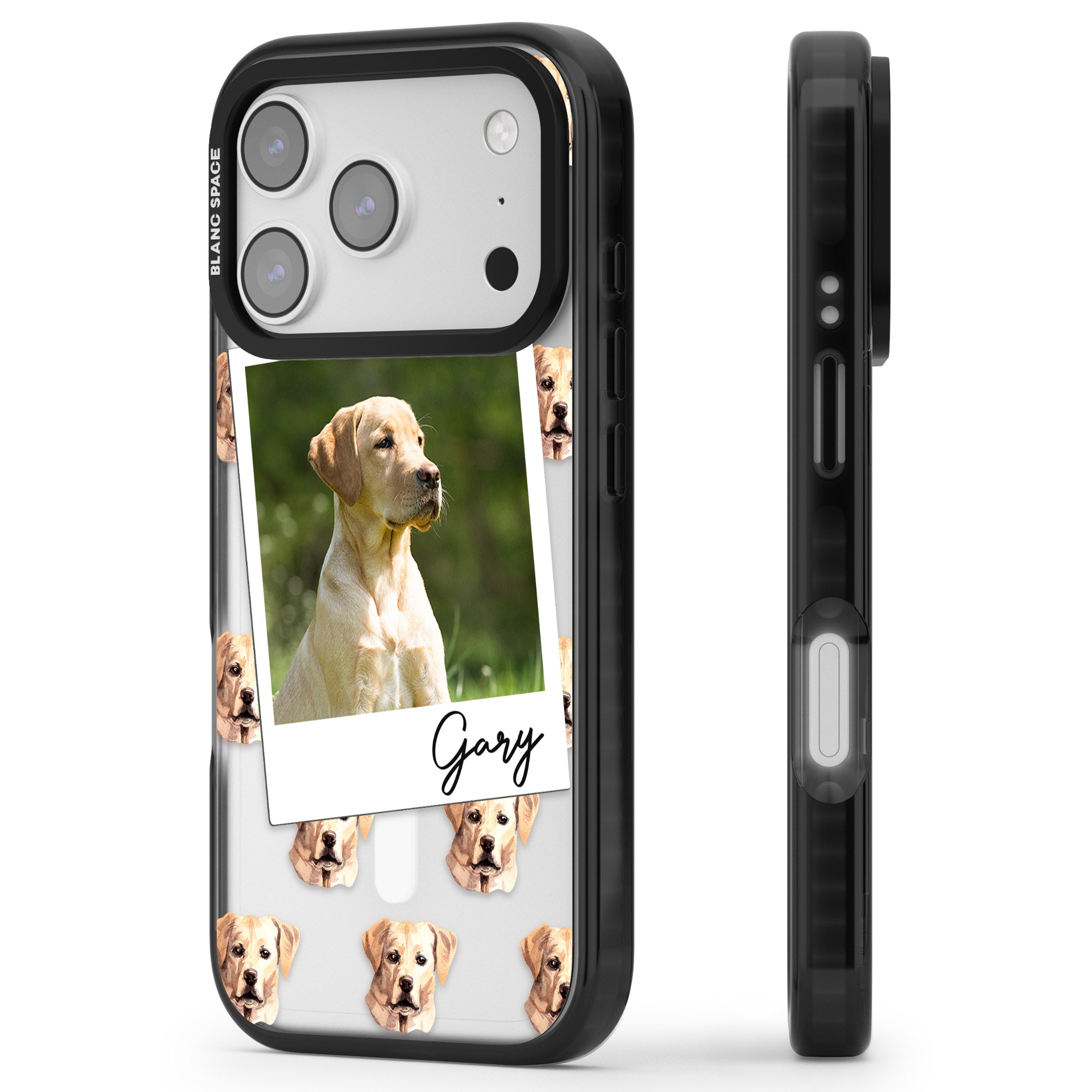 Personalised Tan Black Labrador Instant Camera Photo iPhone 17 Pro Impact Pro Black Phone Case Side Profile