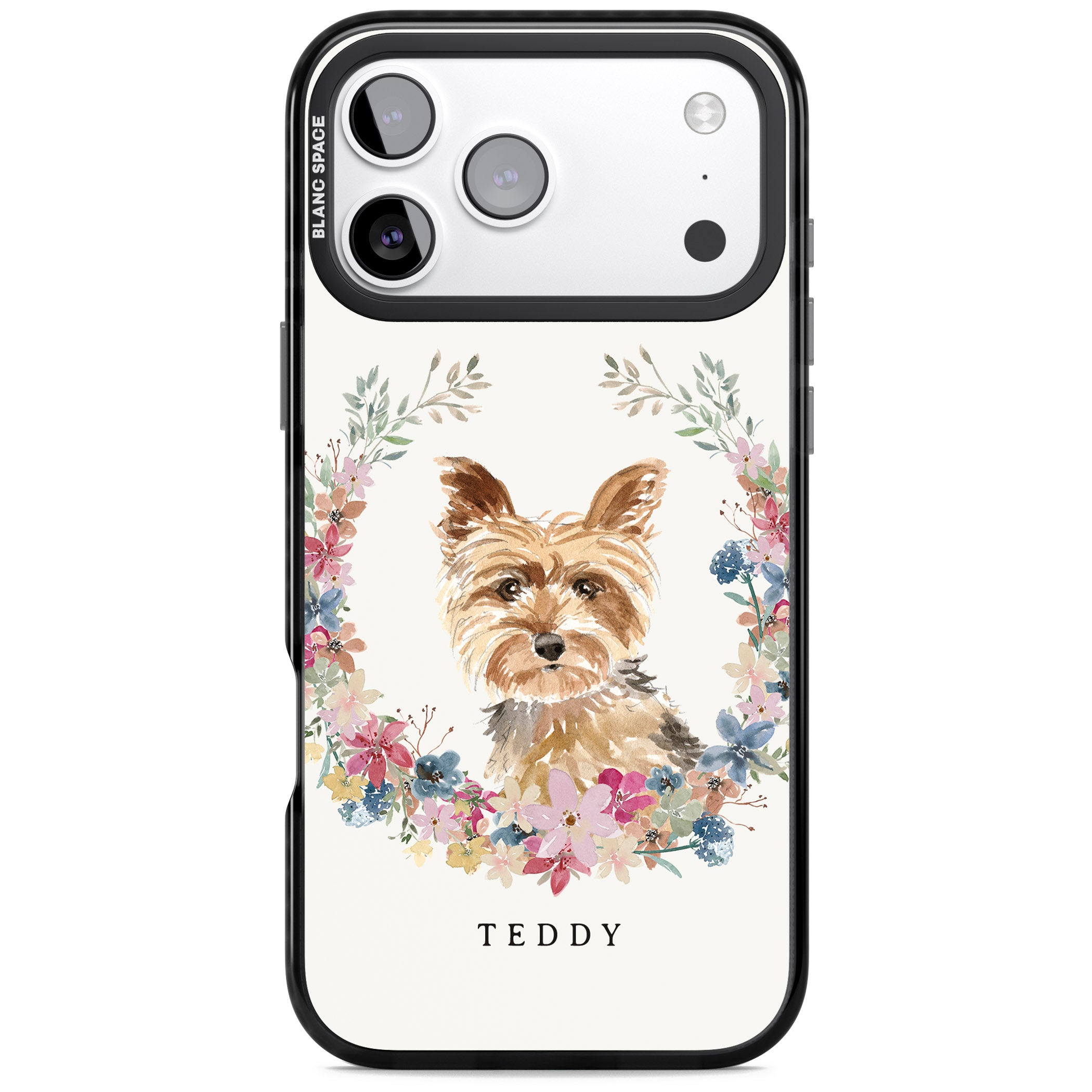 Personalised Yorkshire Terrier Floral Portrait iPhone 17 Pro Impact Pro Black Phone Case