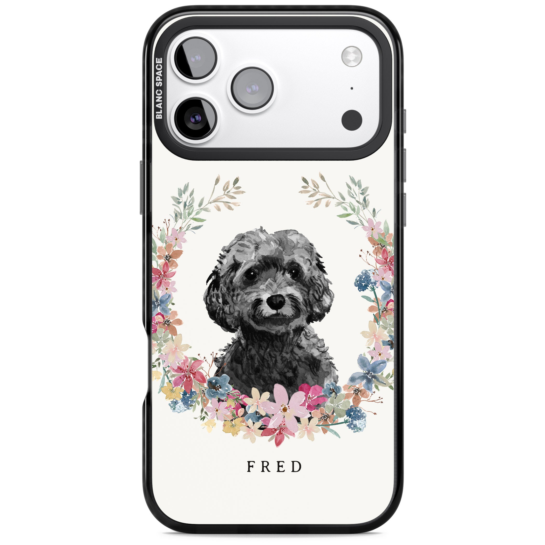 Personalised Black Cockapoo Floral Portrait iPhone 17 Pro Impact Pro Black Phone Case