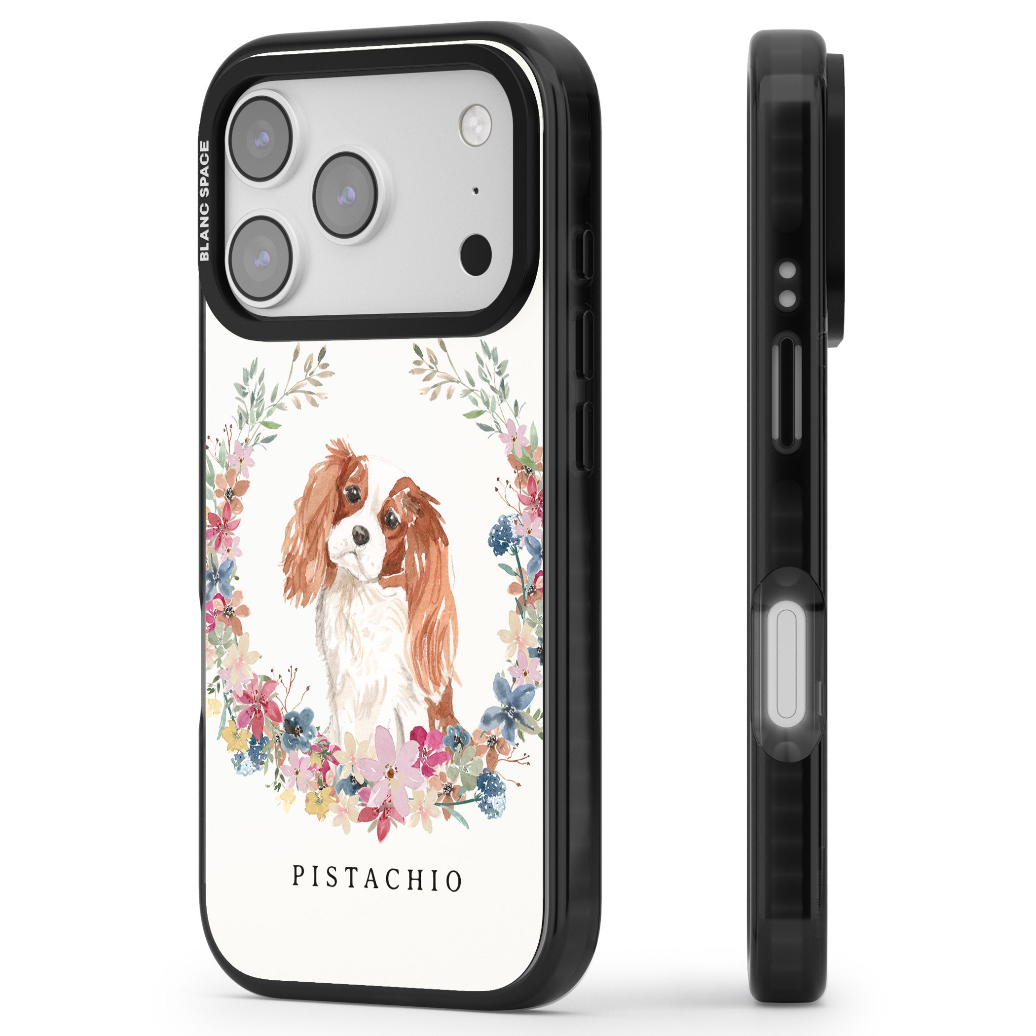 Personalised Cavalier King Charles Floral Portrait iPhone 17 Pro Impact Pro Black Phone Case Side Profile