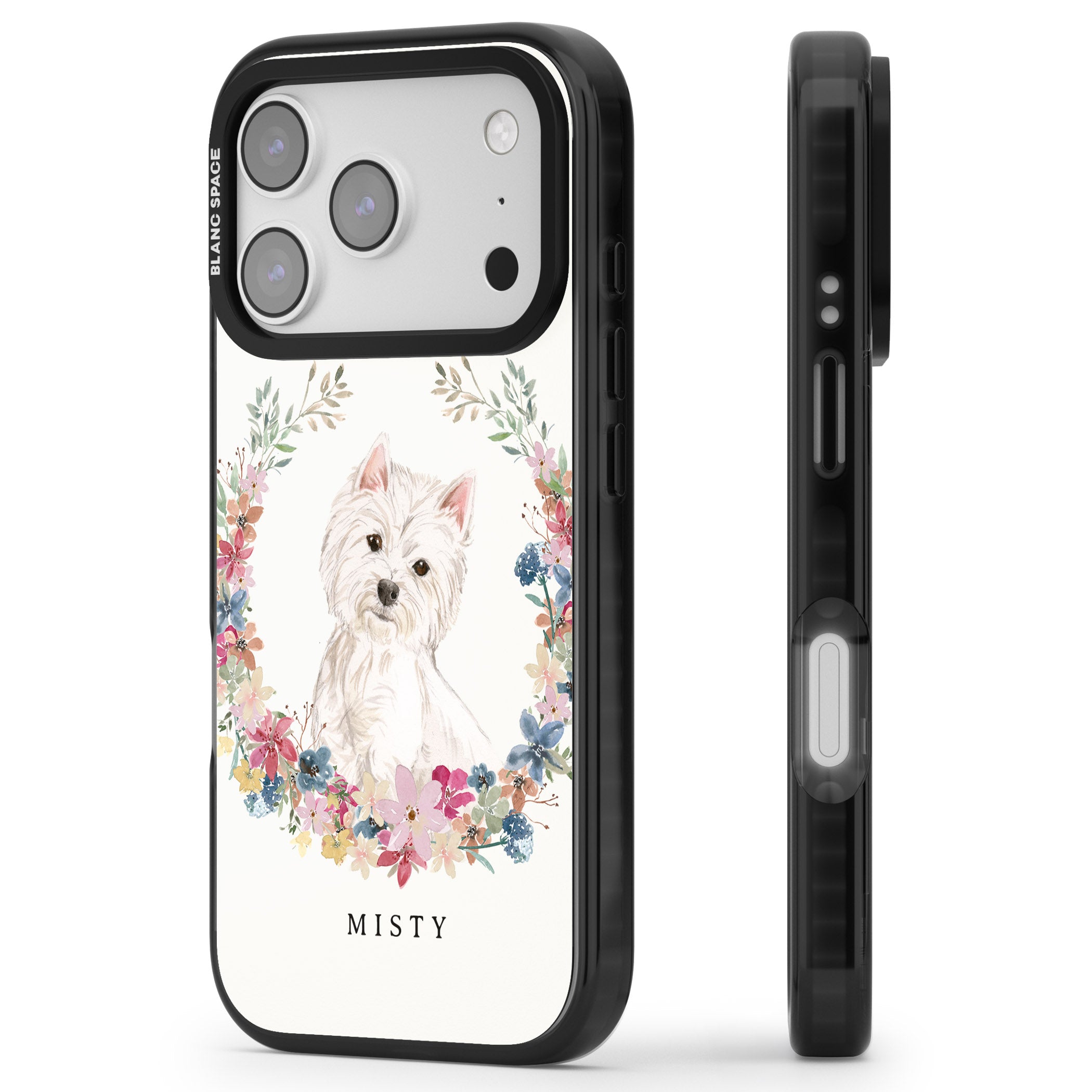 Personalised Westie Floral Portrait iPhone 17 Pro Max Impact Pro Black Phone Case Side Profile