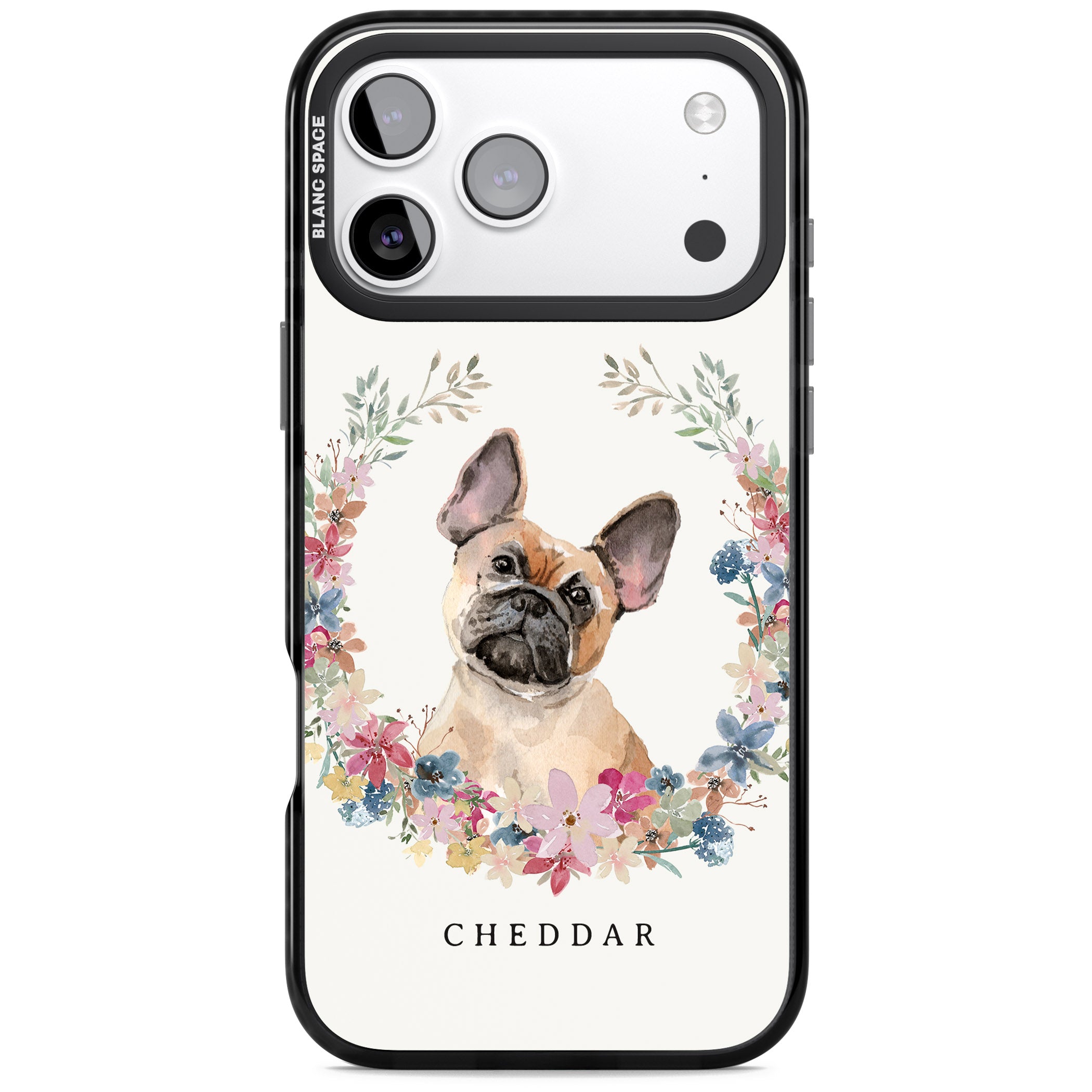 Personalised Tan French Bulldog Floral Portrait iPhone 17 Pro Max Impact Pro Black Phone Case