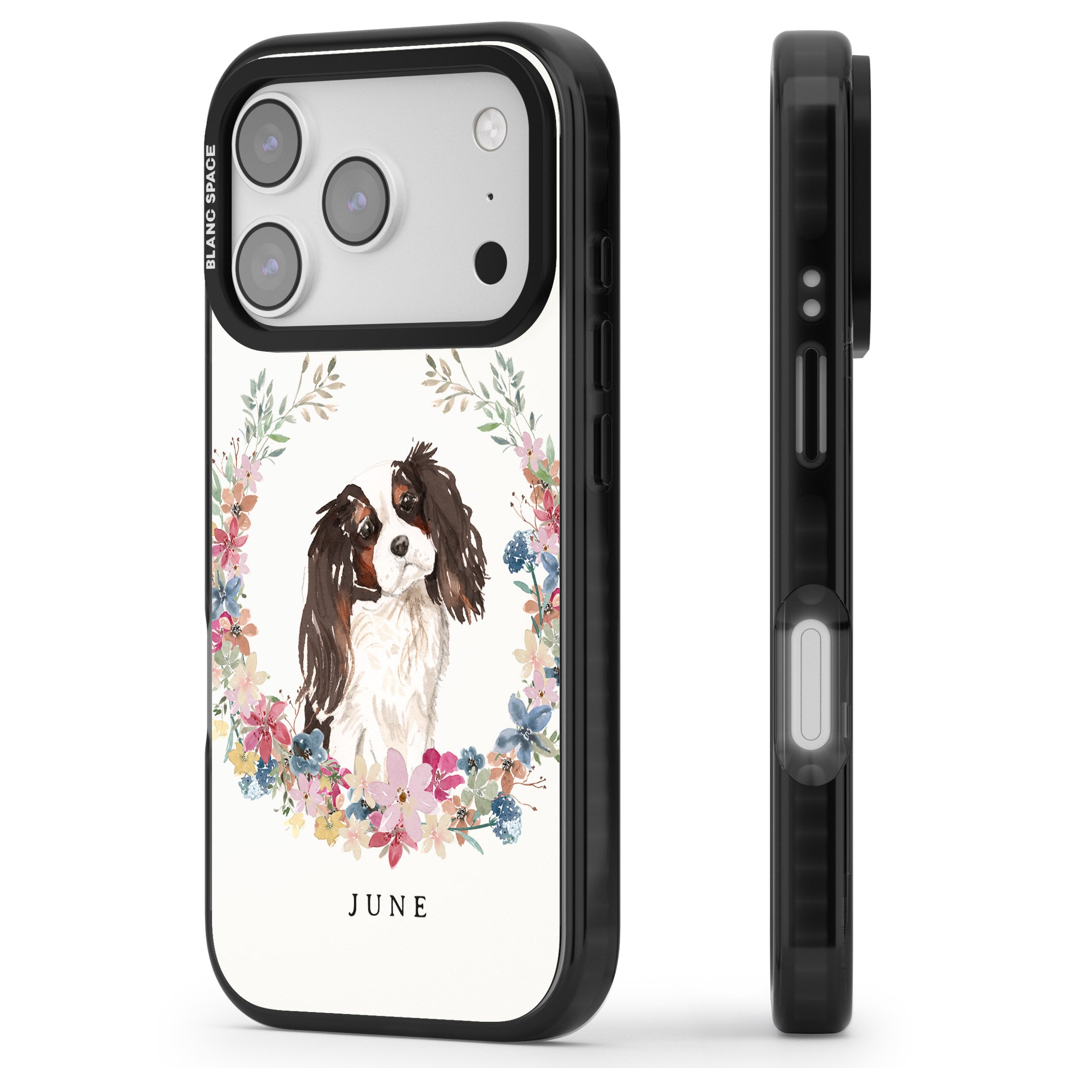 Personalised King Charles Floral Portrait iPhone 17 Pro Impact Pro Black Phone Case Side Profile